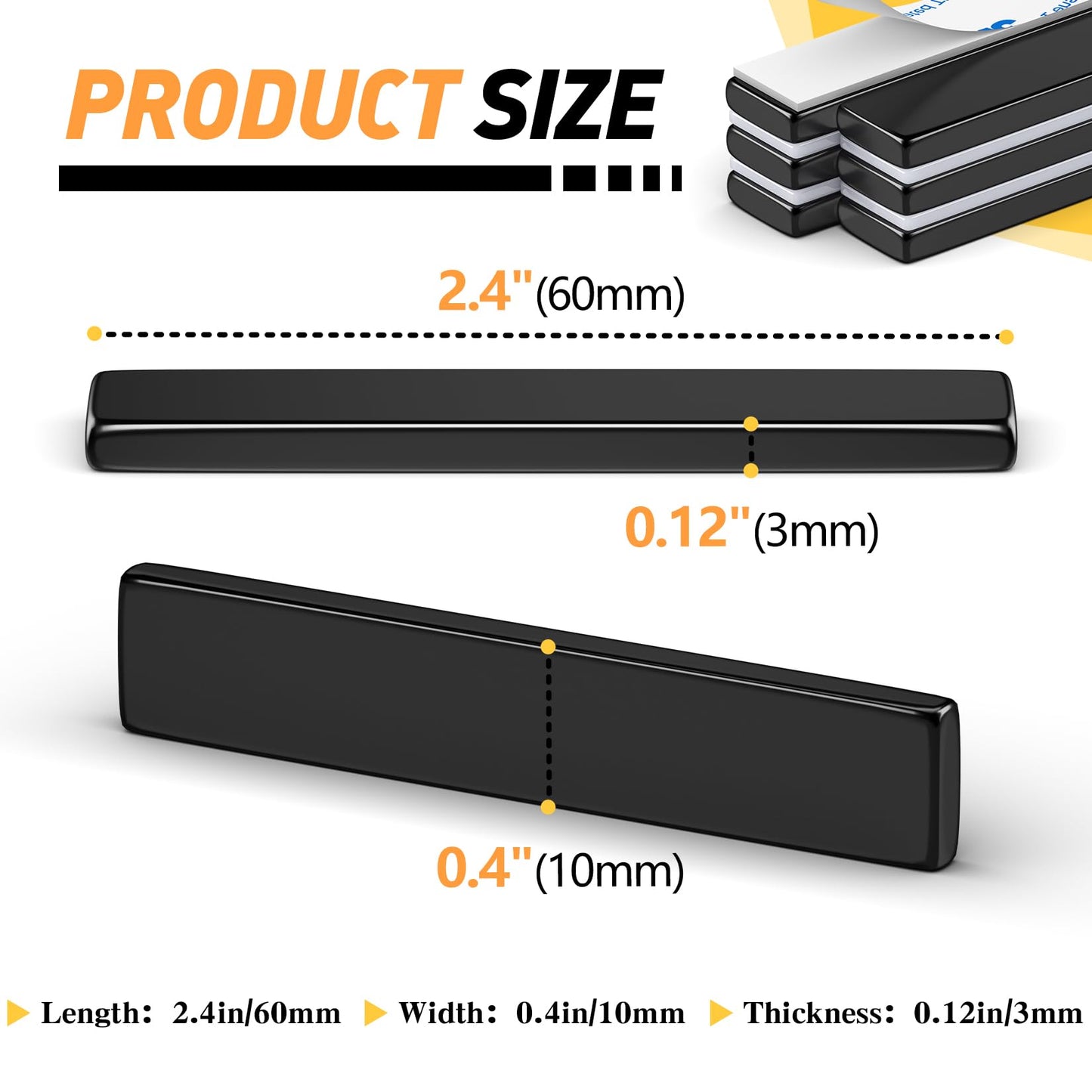 6 Pack Super Strong Neodymium Bar Magnets with Double-Sided Adhesive, Strong Magnet Heavy Duty, Magnets with Adhesive Backing for Fridge, Whiteboard - 60x10x3mm - Black