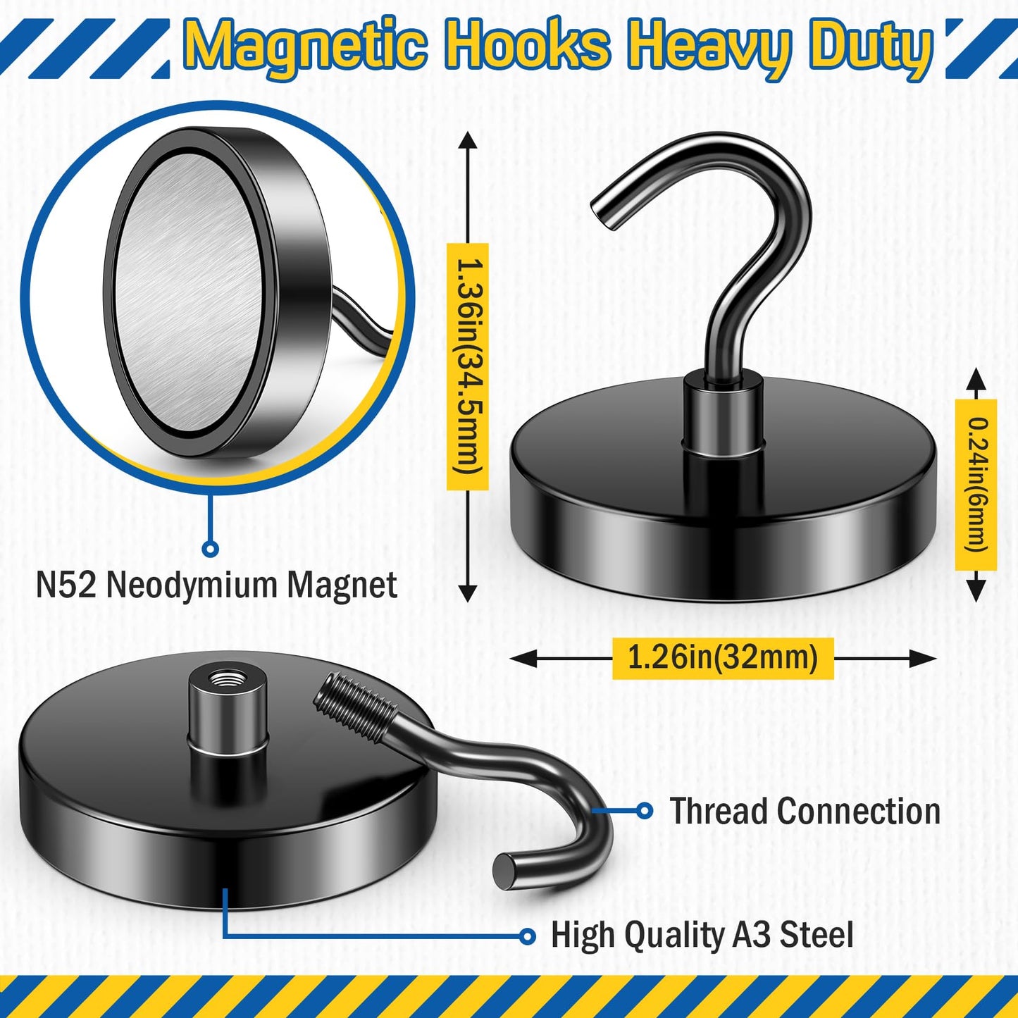 FINDMAG Black Magnetic Hooks, 130lbs Heavy Duty Magnetic Hooks for Hanging, Extra Strong Magnet Hooks, N52 Magnet Hooks for Cruise Cabins, Travel, 6 Pack