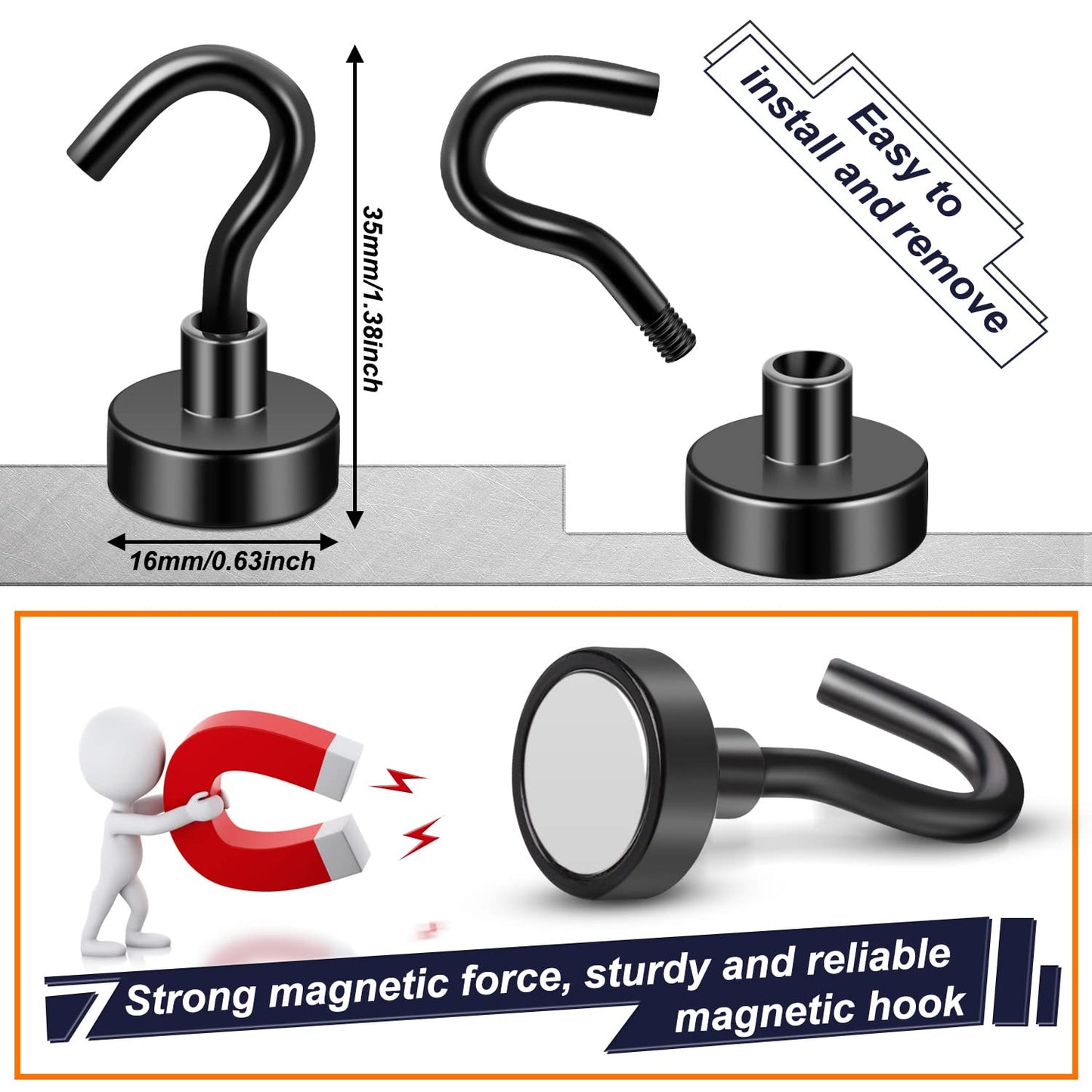 FINDMAG 12 Pack Black Magnetic Hooks 30LBS Neodymium Magnet Hooks, Magnet with Hook Strong Magnetic Hook for Hanging, Refrigerator, Grill, Kitchen, Key Holder