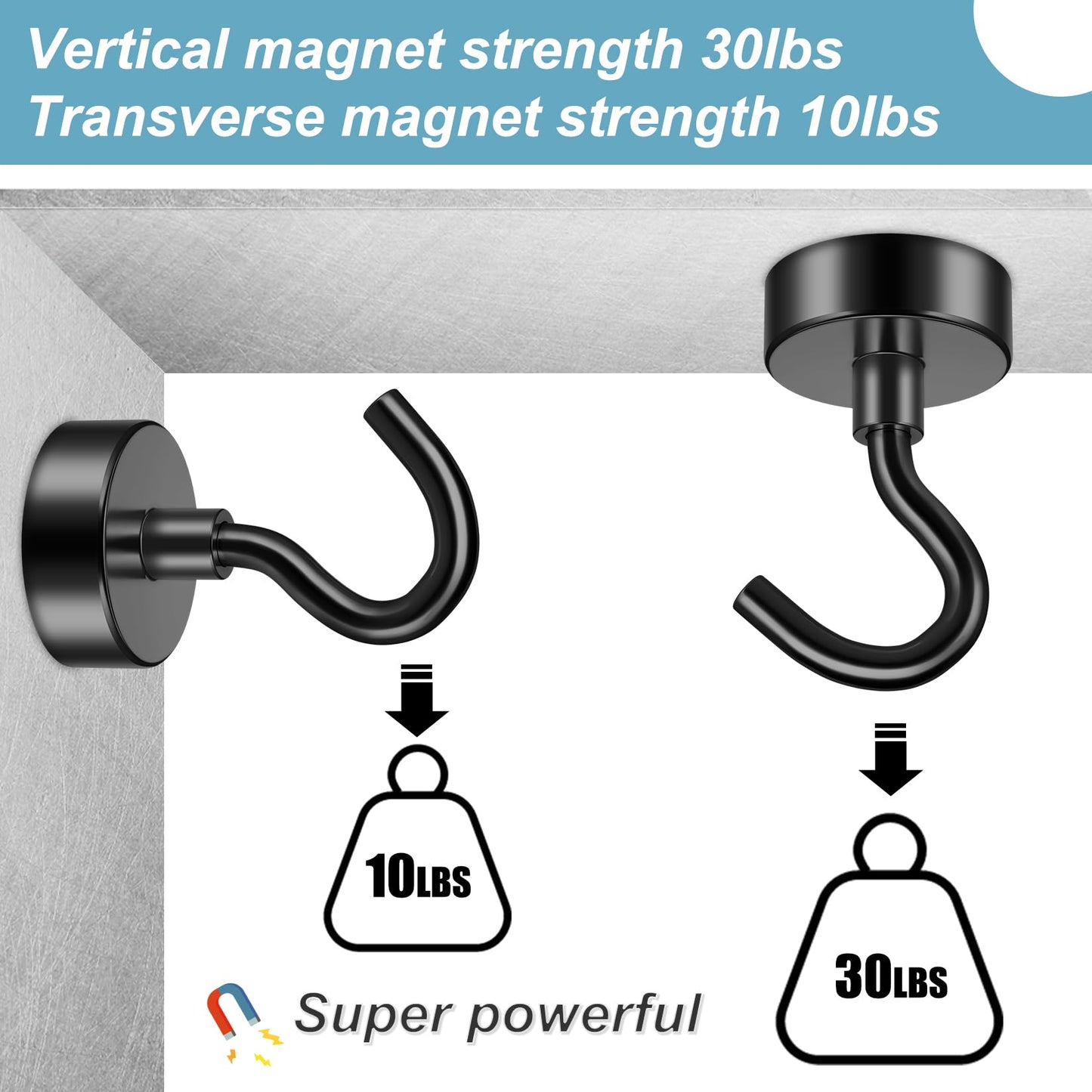 FINDMAG 12 Pack Black Magnetic Hooks 30LBS Neodymium Magnet Hooks, Magnet with Hook Strong Magnetic Hook for Hanging, Refrigerator, Grill, Kitchen, Key Holder