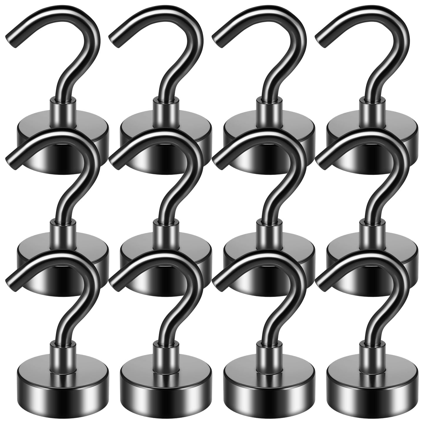 FINDMAG 12 Pack Black Magnetic Hooks 30LBS Neodymium Magnet Hooks, Magnet with Hook Strong Magnetic Hook for Hanging, Refrigerator, Grill, Kitchen, Key Holder
