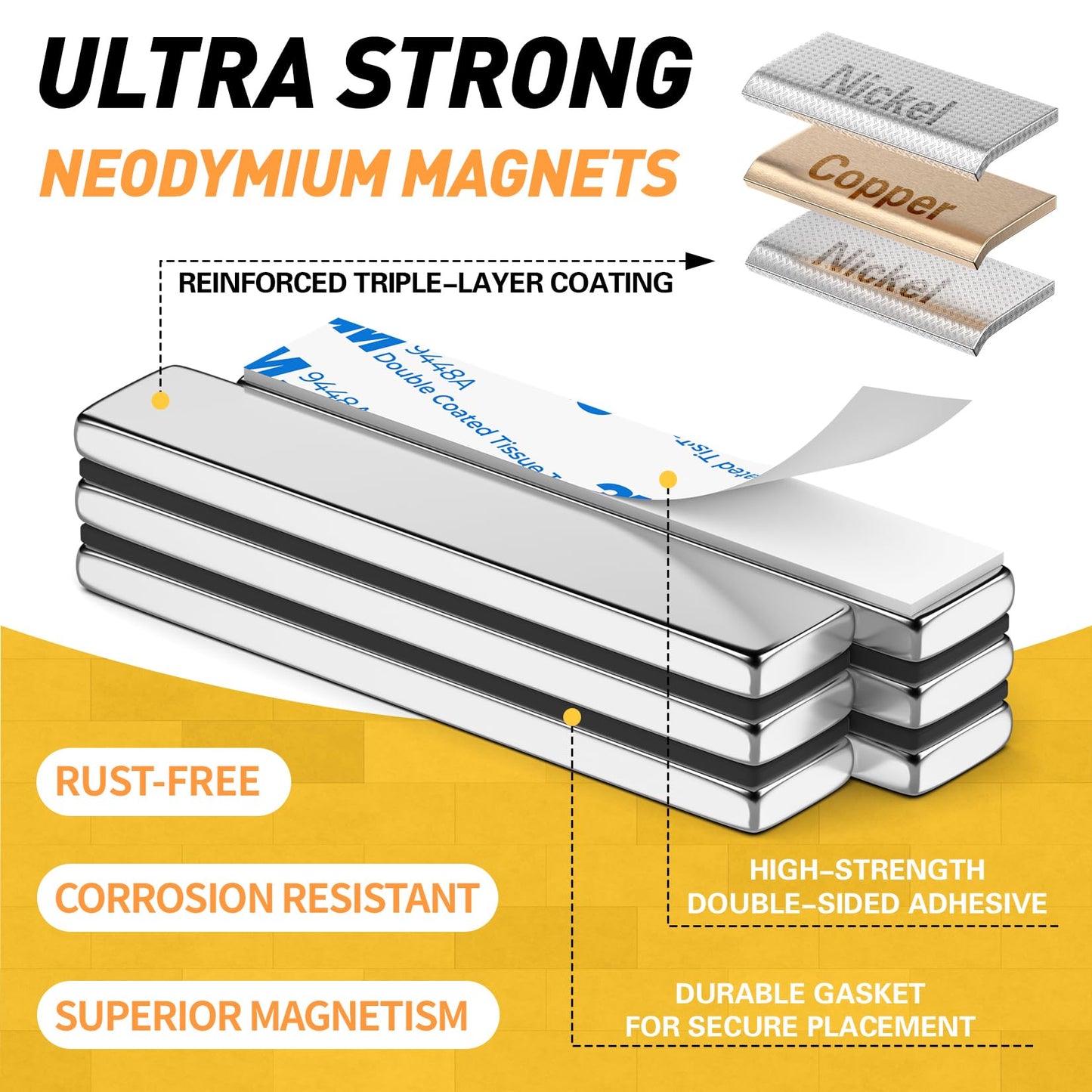 FINDMAG 16 Pack Bar Magnets, Powerful Neodymium Bar Magnets, Rare Earth Magnet Bar, Strong Magnet with Double Sided Adhesive - 60 x 10 x 3 mm
