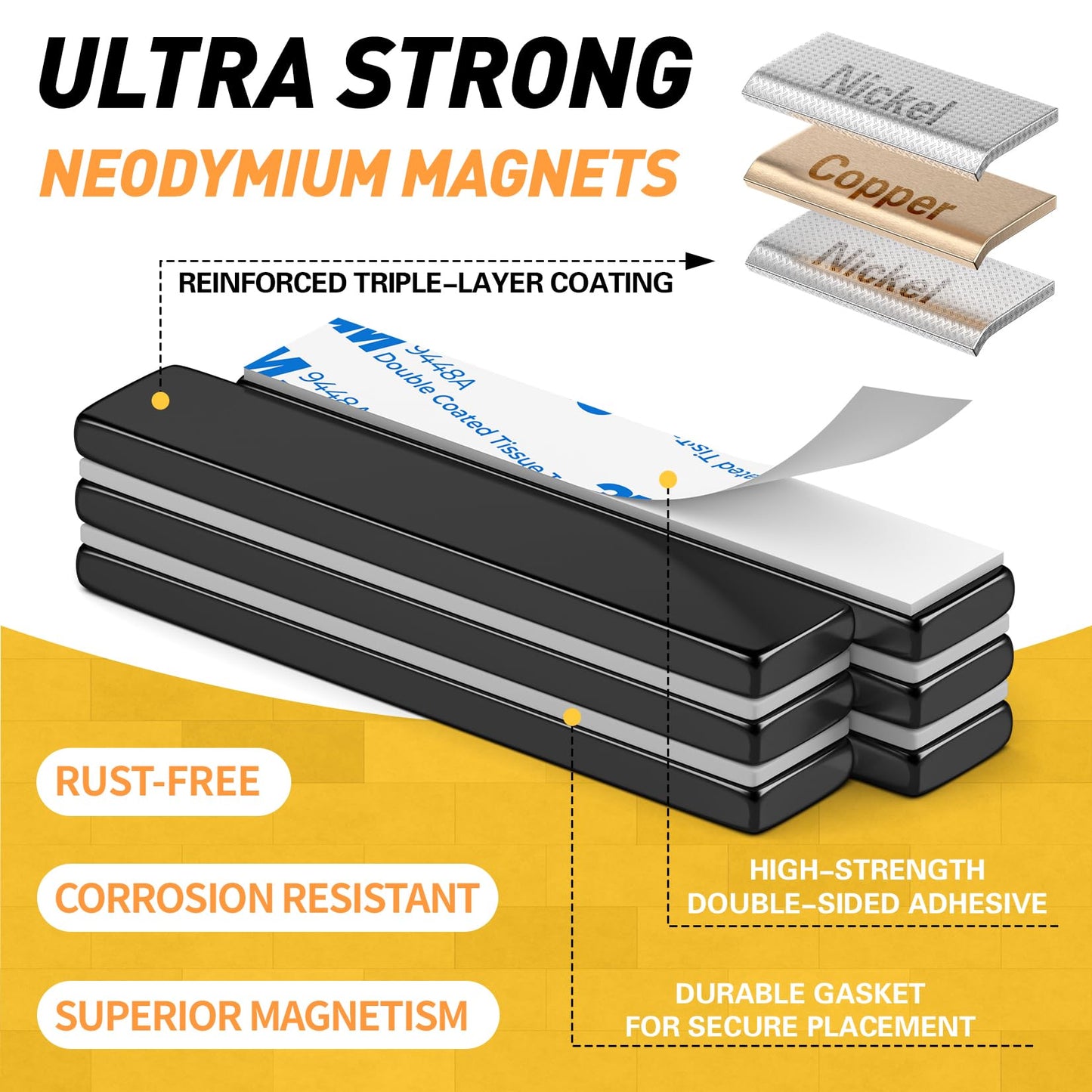 6 Pack Super Strong Neodymium Bar Magnets with Double-Sided Adhesive, Strong Magnet Heavy Duty, Magnets with Adhesive Backing for Fridge, Whiteboard - 60x10x3mm - Black
