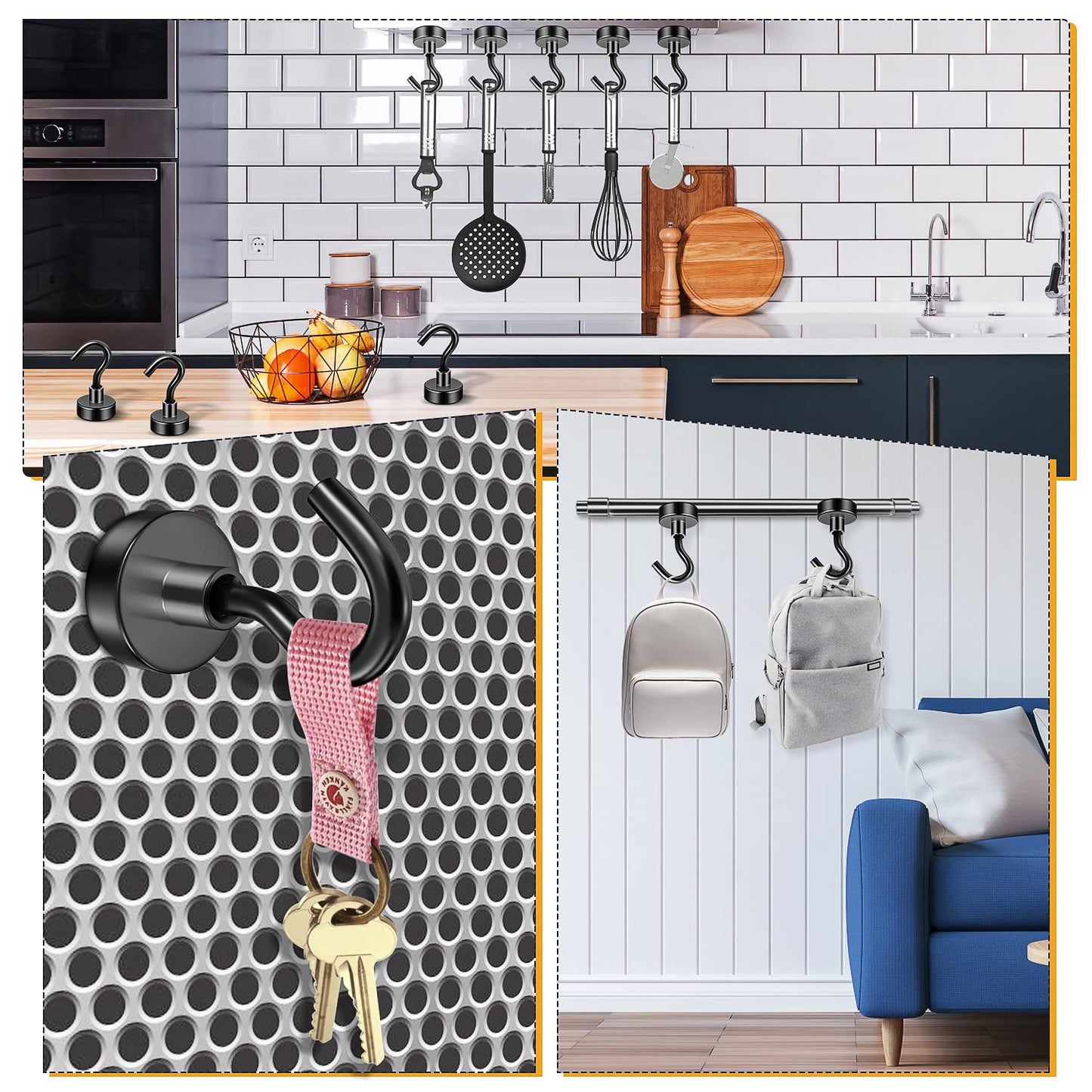 FINDMAG 12 Pack Black Magnetic Hooks 30LBS Neodymium Magnet Hooks, Magnet with Hook Strong Magnetic Hook for Hanging, Refrigerator, Grill, Kitchen, Key Holder