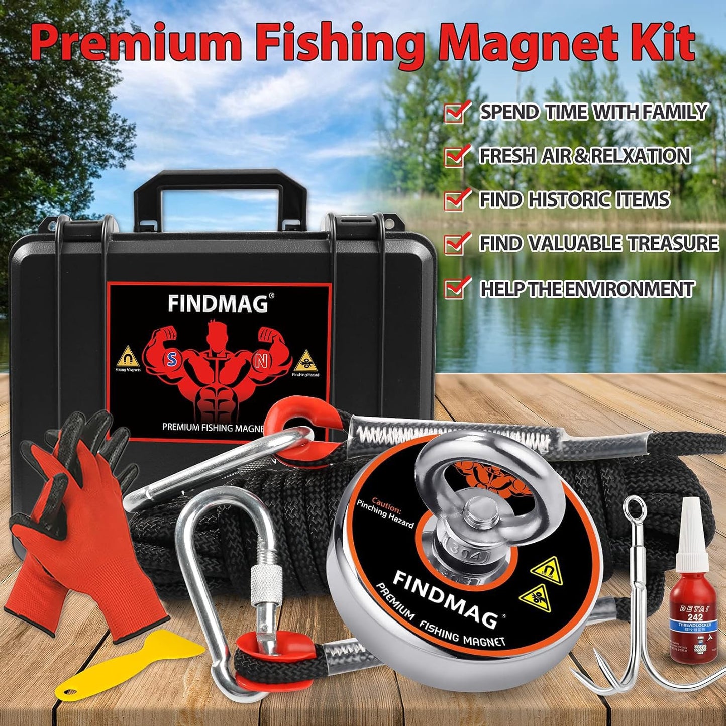 FINDMAG Magnet Fishing Kit with Case Fishing Magnets 1000 LBS Pulling Force Super Strong Neodymium Round Magnet for Heavy Duty Use - 3.54inch Diameter