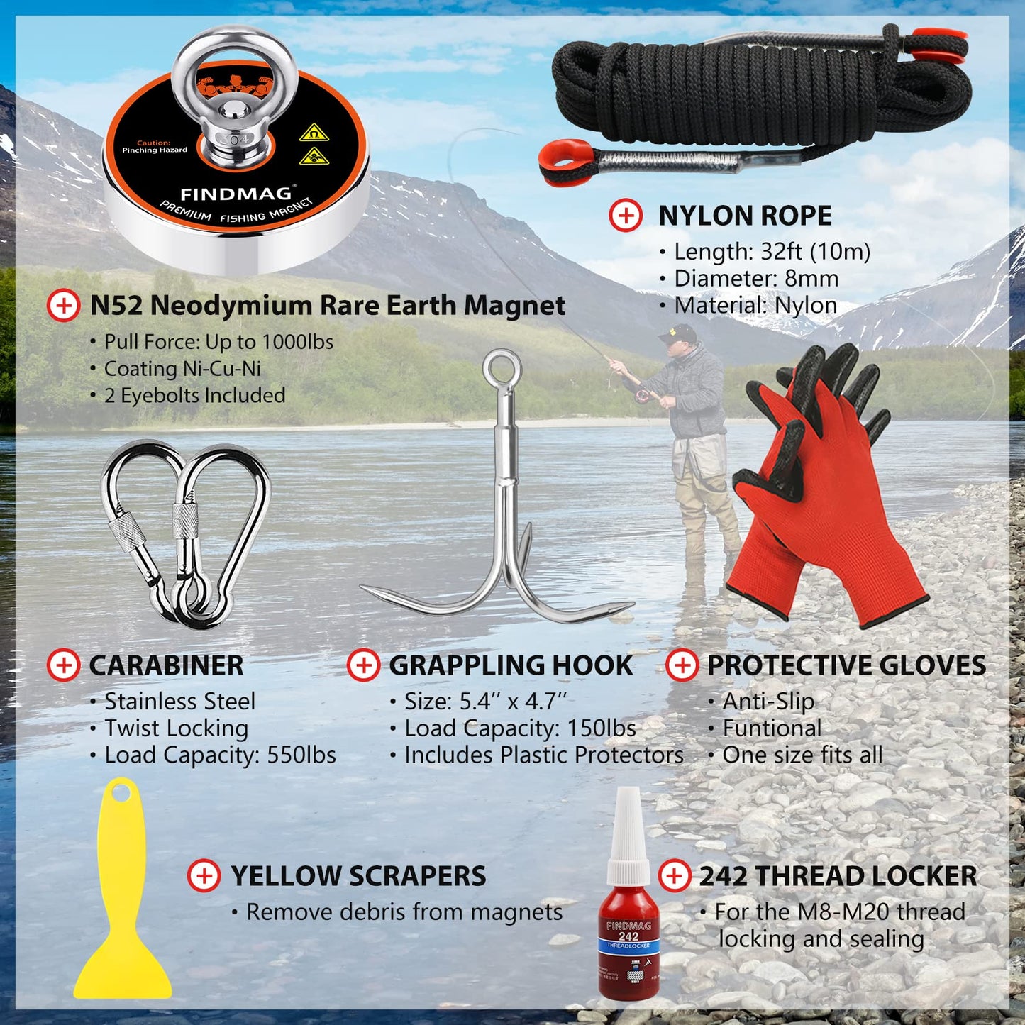 FINDMAG Magnet Fishing Kit with Case Fishing Magnets 1000 LBS Pulling Force Super Strong Neodymium Round Magnet for Heavy Duty Use - 3.54inch Diameter