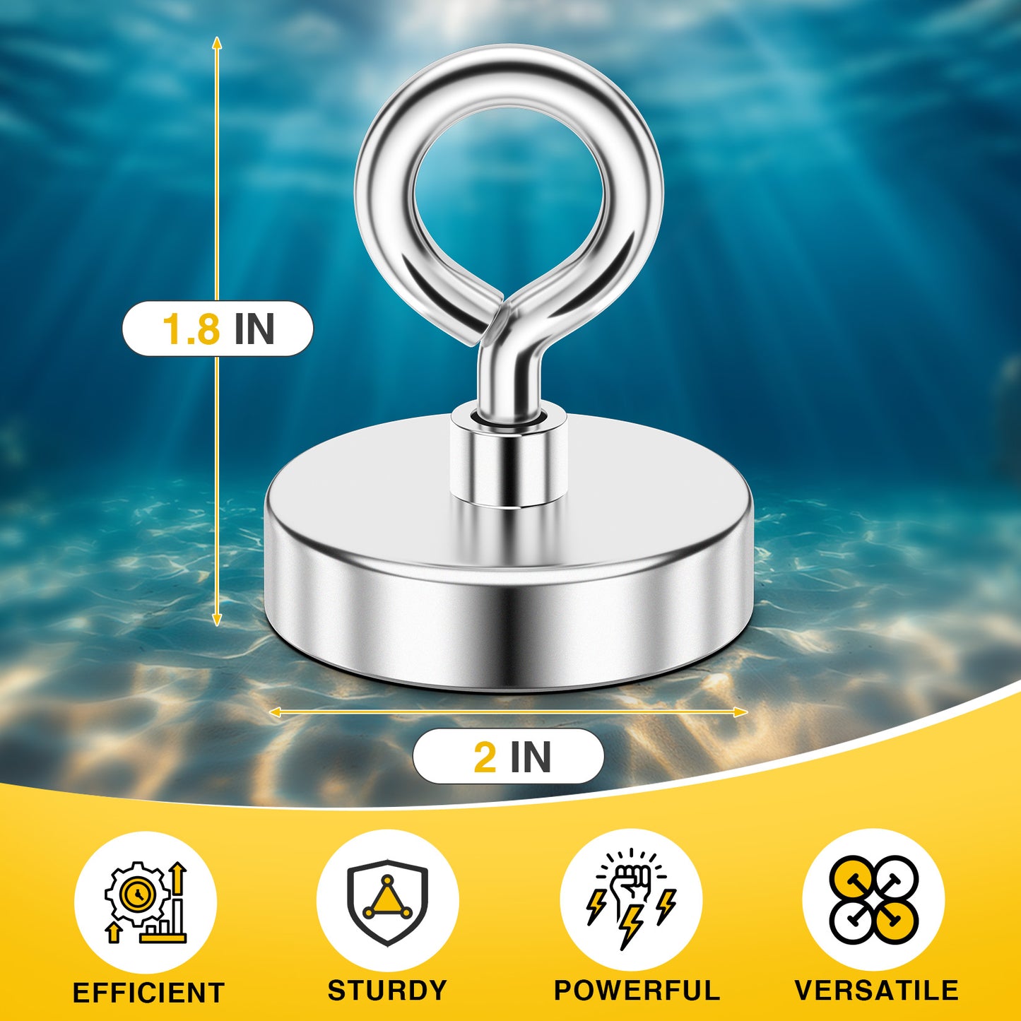 FINDMAG Fishing Magnets 300 LBS Pulling Force 2 inch Neodymium Rare Earth Magnet with Lifting Eye-Bolt, Super Strong Round Magnet for Retrieving Items in Lake, Beach, Lawn and New House