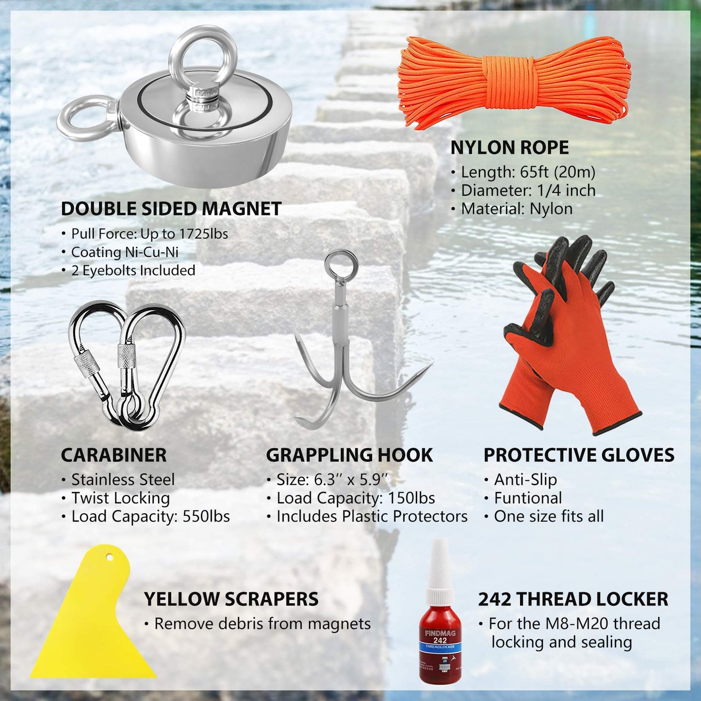 1725 lbs Fishing Magnet Kit, Double Sided Magnet Fishing Kit with Rope, Super Strong Fishing Magnet for Retrieving Items in River, Lake, Beach, Lawn, 3.7" Diameter