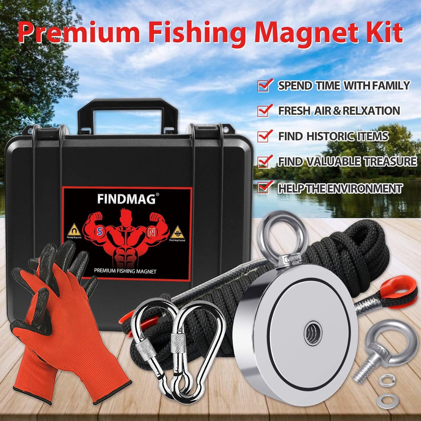2625 lbs Fishing Magnet Kit, Double Sided Magnet Fishing Kit with Rope, Super Strong Fishing Magnet for Retrieving Items in River, Lake, Beach, Lawn, 4.57" Diameter