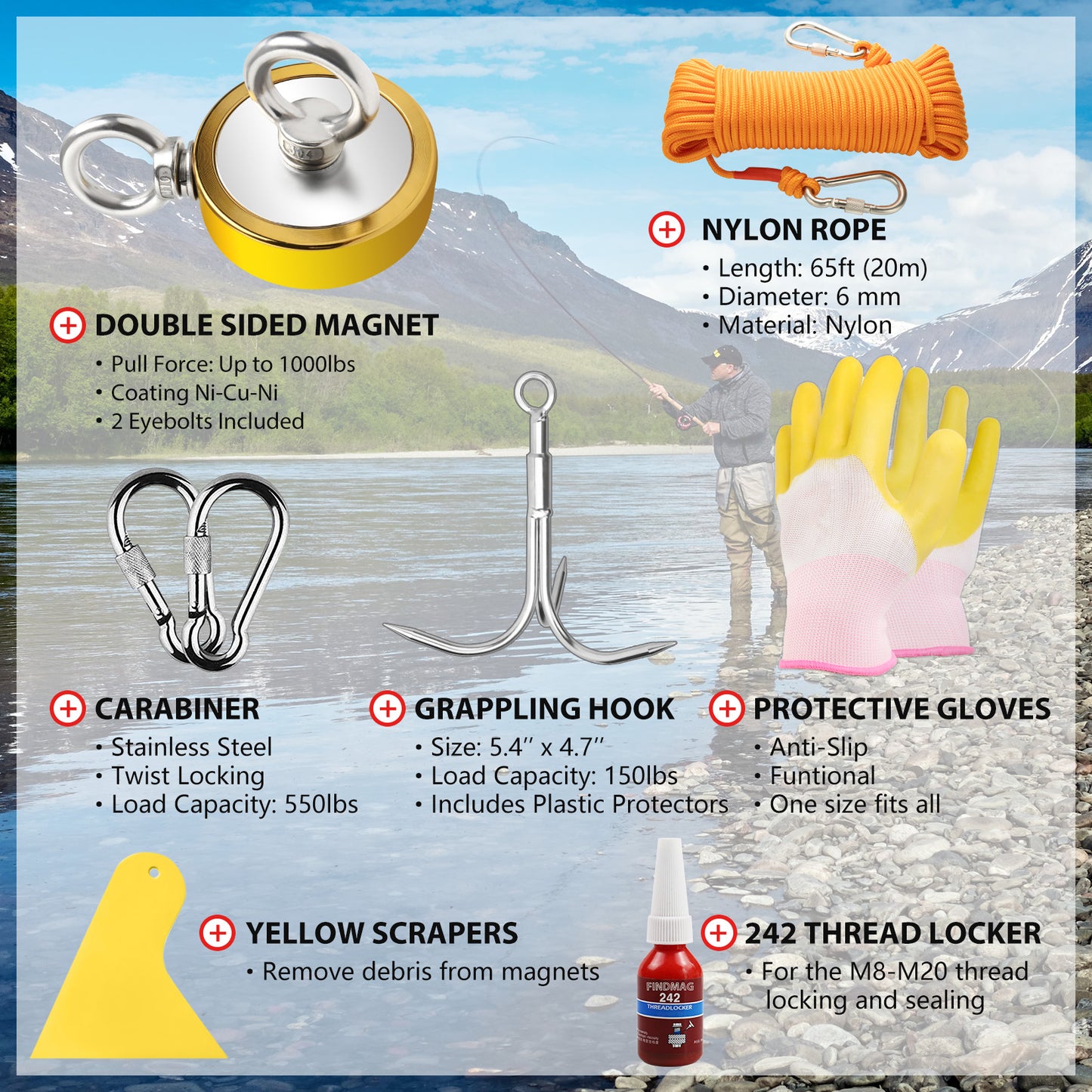 FINDMAG Double Sided Fishing Magnets 1000 lbs Pulling Force Fishing Magnet Kit with Case, 2.95" Diameter Magnet Fishing Kit Perfect for Retrieving Items and Magnetic Fishing