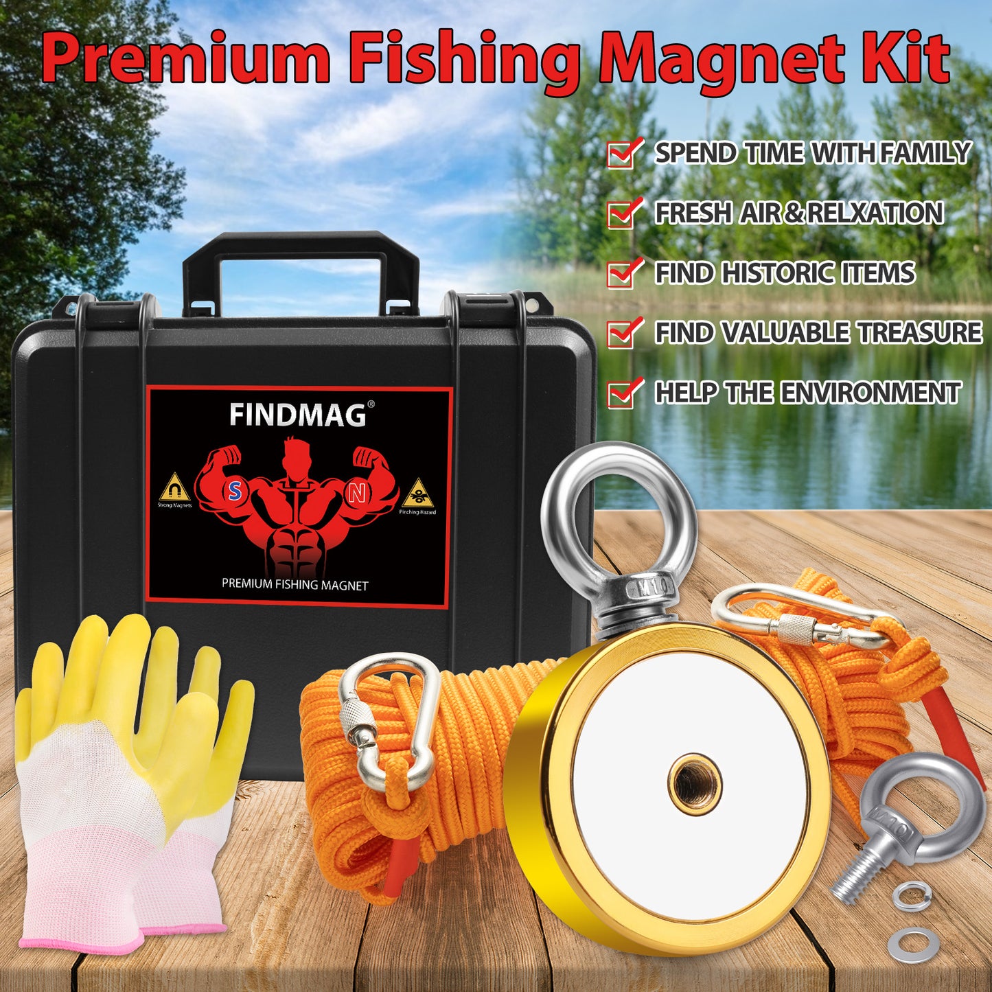 FINDMAG Double Sided Fishing Magnets 1000 lbs Pulling Force Fishing Magnet Kit with Case, 2.95" Diameter Magnet Fishing Kit Perfect for Retrieving Items and Magnetic Fishing