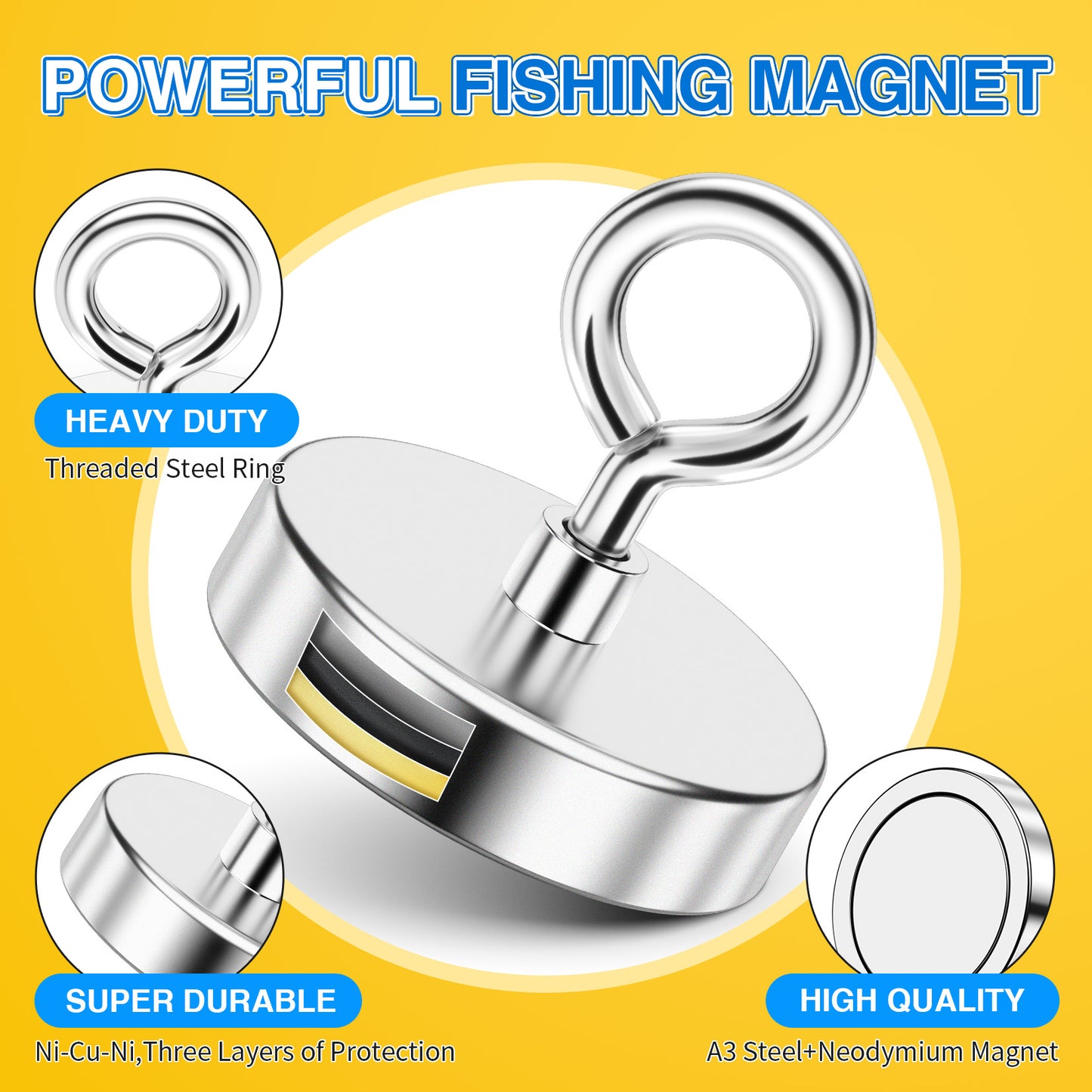 FINDMAG Super Strong Fishing Magnet, 700 lbs Pulling Force, Neodymium Rare Earth Magnet with Countersunk Hole Eyebolt, Large Magnet for Remover, Diameter 2.95 inch(75 mm)