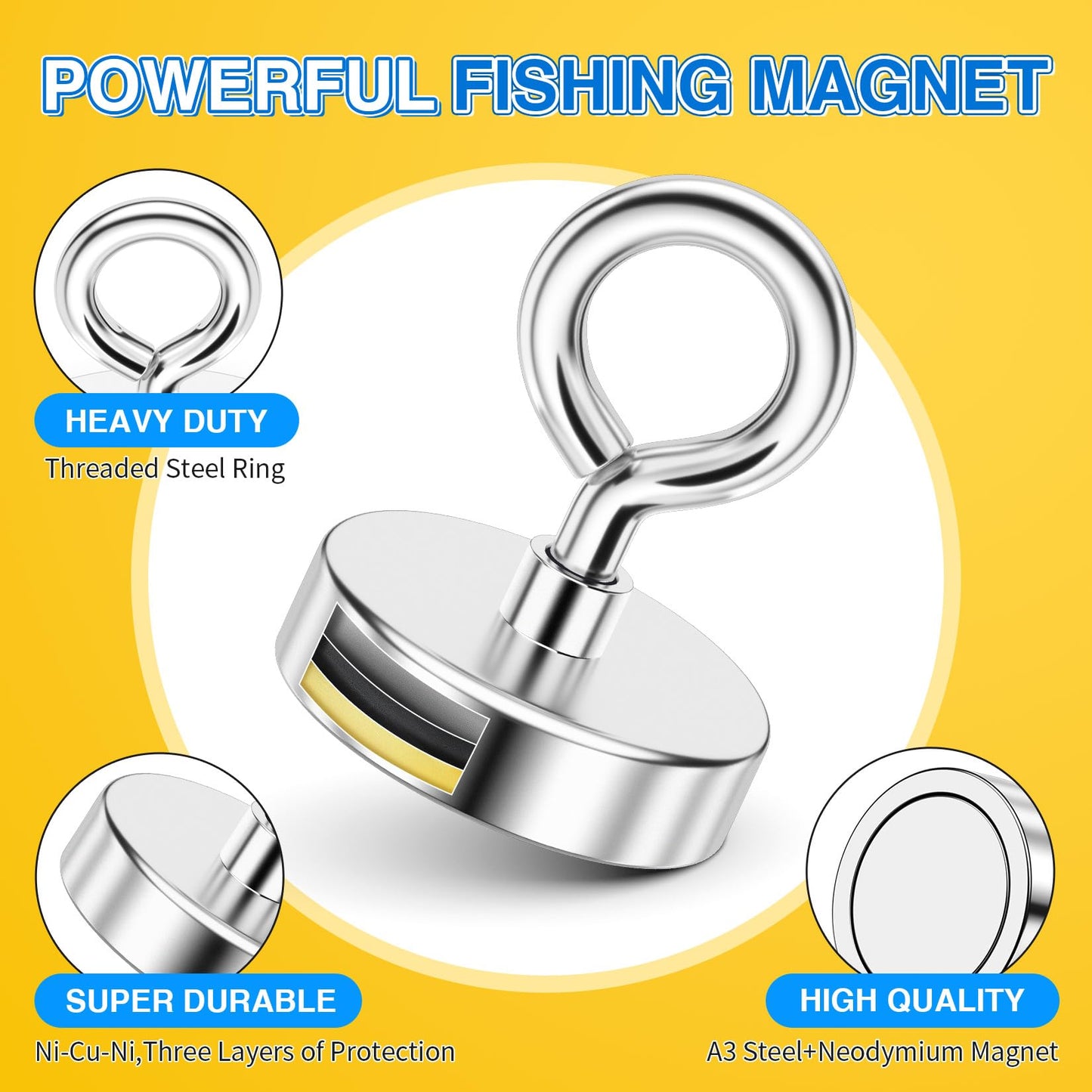 FINDMAG Neodymium Fishing Magnets, 150 LBS Pulling Force Neodymium Rare Earth Magnet with Lifting Eye-Bolt, Super Strong Round Magnet for Retrieving Items in Lake, Beach, Lawn 1.42’’(36mm)