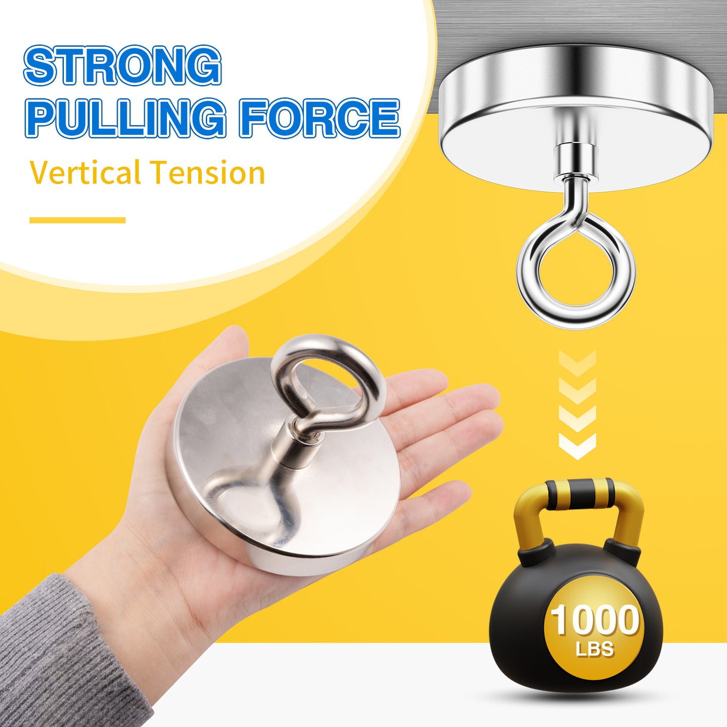 FINDMAG Super Strong Fishing Magnet, 1000 lbs Pulling Force, Neodymium Rare Earth Magnet with Countersunk Hole Eyebolt, Large Magnet for Remover, Diameter 3.54 inch(90 mm)