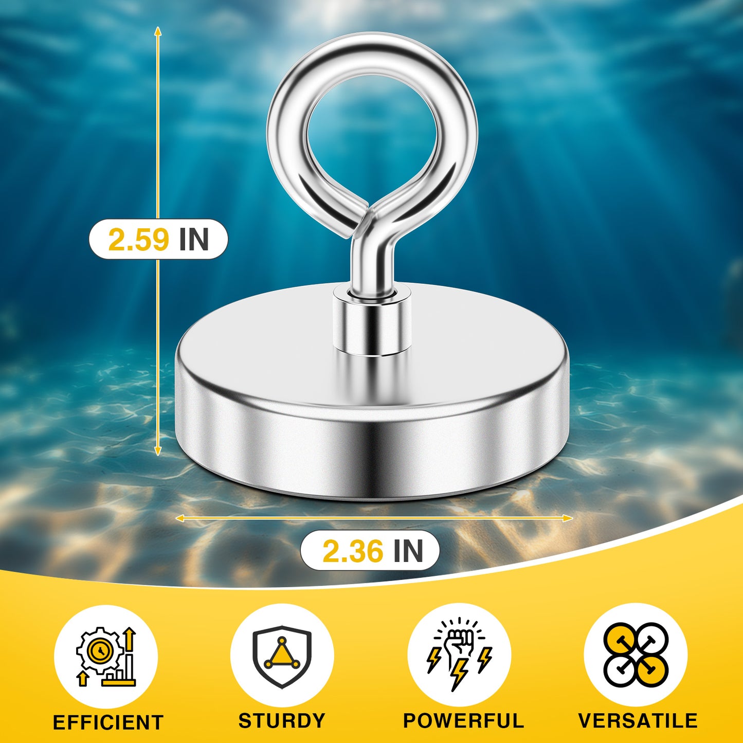 FINDMAG Neodymium Fishing Magnets, Rare Earth Magnet with Countersunk Hole Eyebolt Diameter 2.36 inch(60 mm) Magnets Heavy Duty for Retrieving Items in Lake, Beach, Lawn