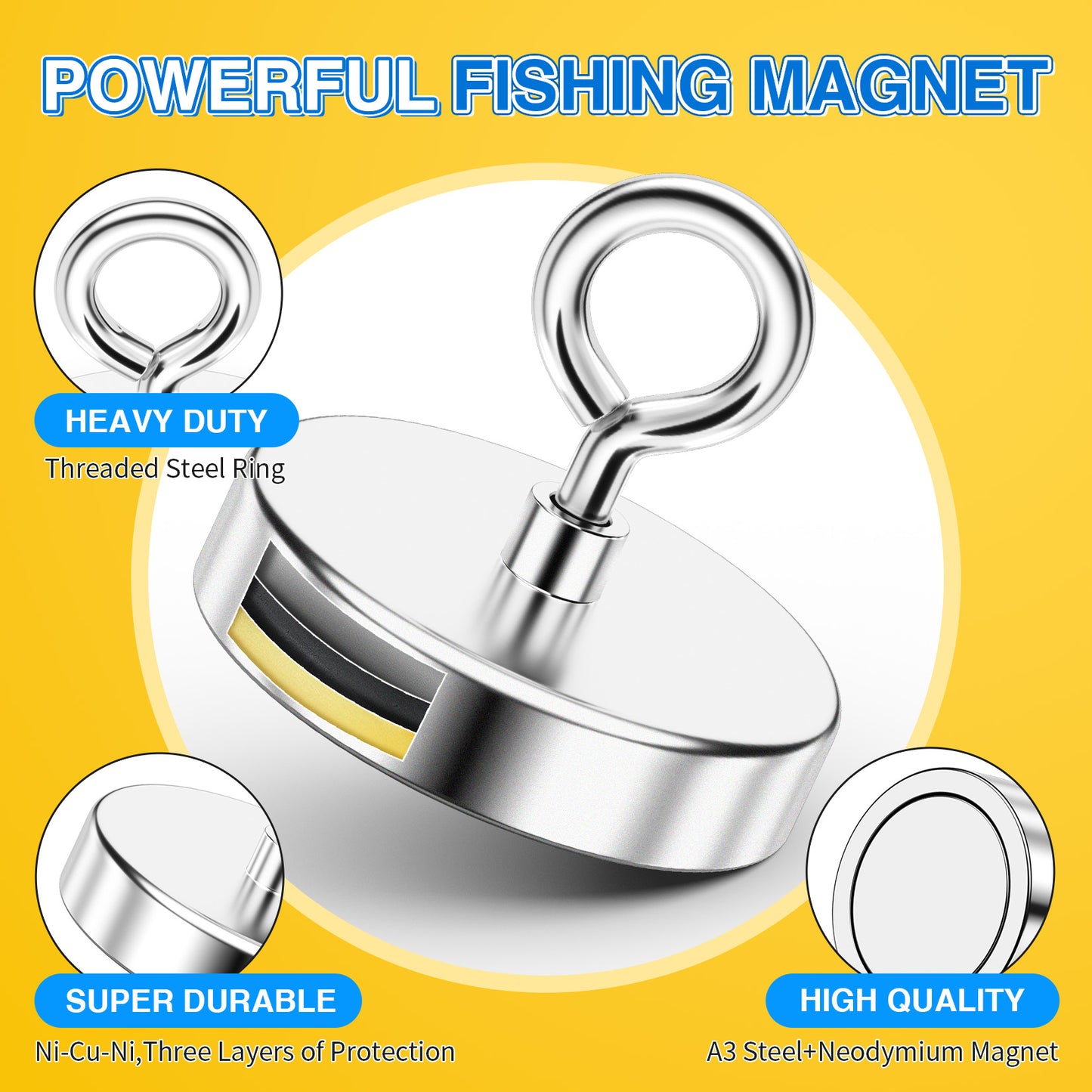 FINDMAG Super Strong Fishing Magnet, 1000 lbs Pulling Force, Neodymium Rare Earth Magnet with Countersunk Hole Eyebolt, Large Magnet for Remover, Diameter 3.54 inch(90 mm)