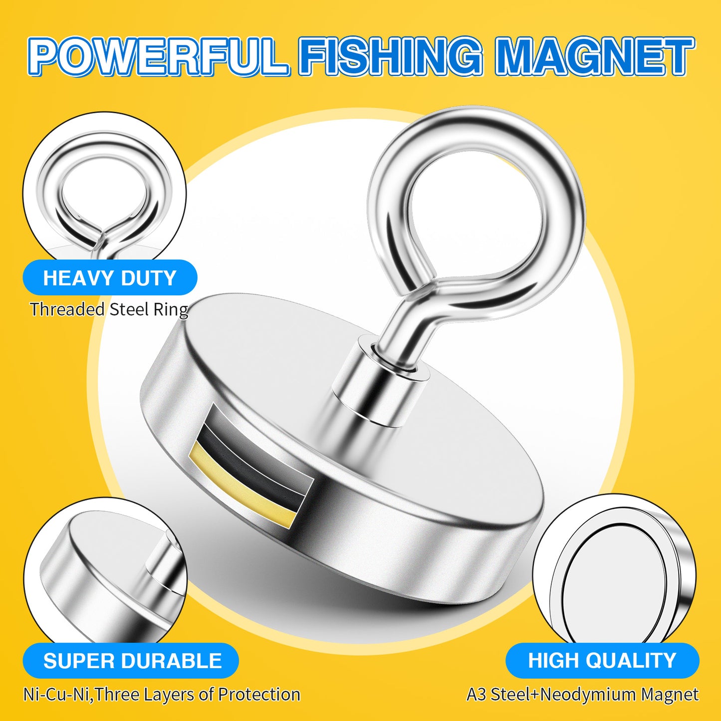 FINDMAG Neodymium Fishing Magnets, Rare Earth Magnet with Countersunk Hole Eyebolt Diameter 2.36 inch(60 mm) Magnets Heavy Duty for Retrieving Items in Lake, Beach, Lawn