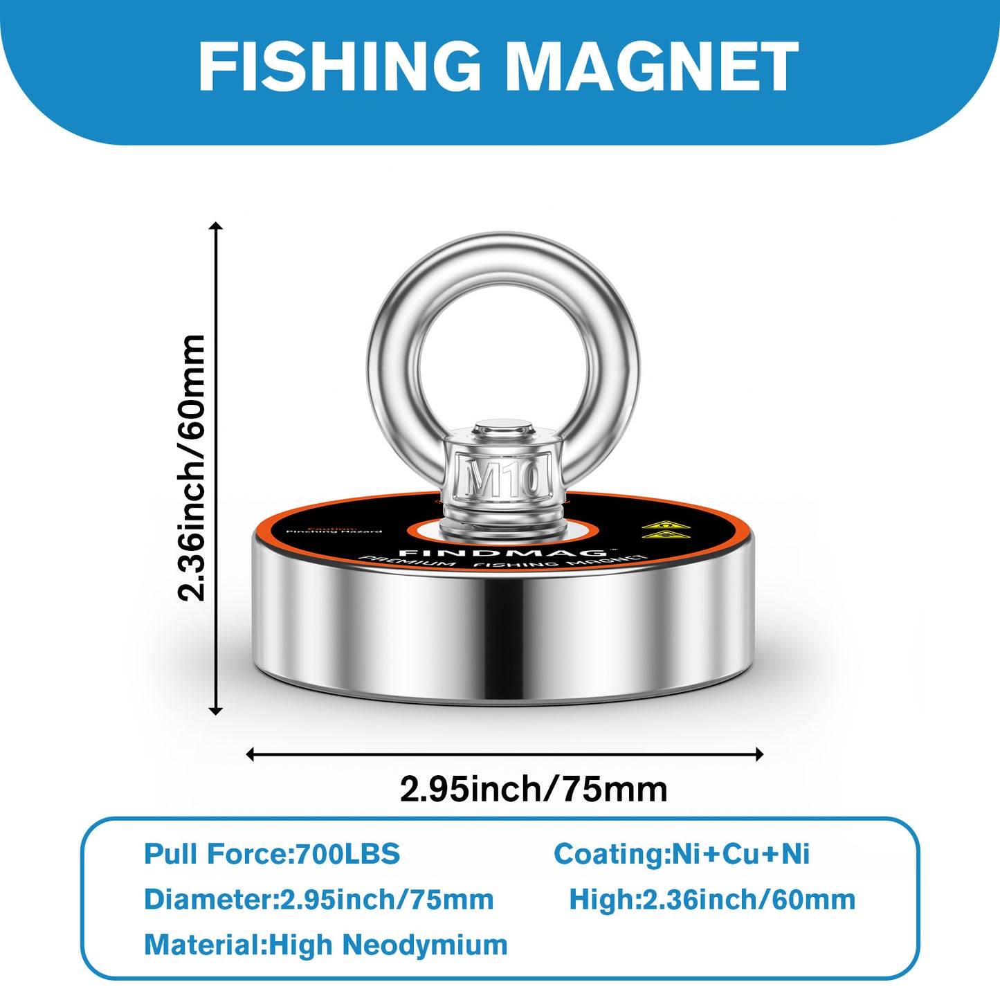 FINDMAG Magnet Fishing Kit, Strong Magnet for Fishing Case, 700 lbs Pulling Force Fishing Magnets for Retrieving Items in River, Lake, Beach, Lawn, 2.95" Diameter