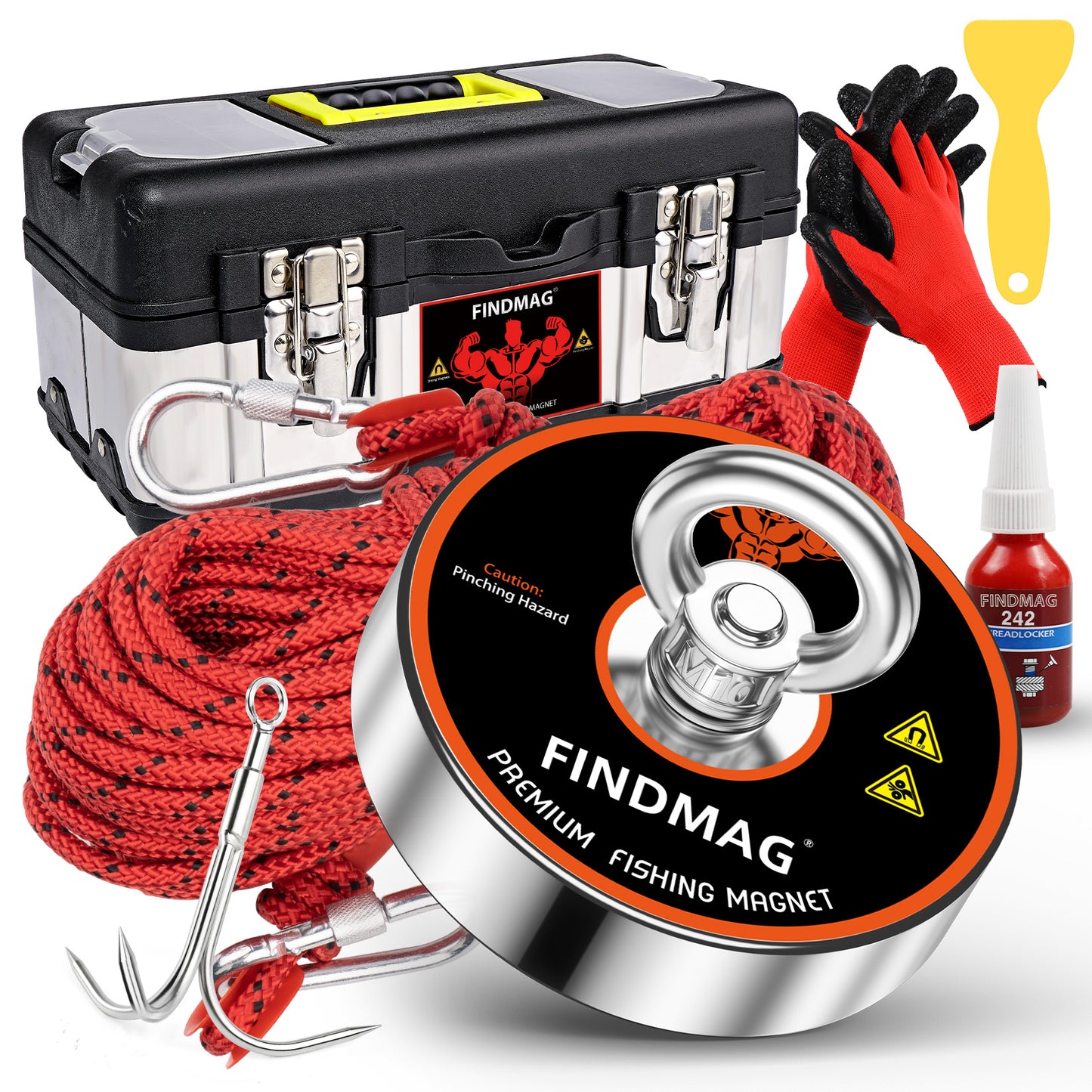 FINDMAG Magnet Fishing Kit, Heavy Duty Magnet for Magnet Fishing, 1000lbs Pulling Force, Including a 20 Meter Rope, a Carry Case, Gloves, a Grappling Hook, a Yellow Scraper, 3.54" Diameter