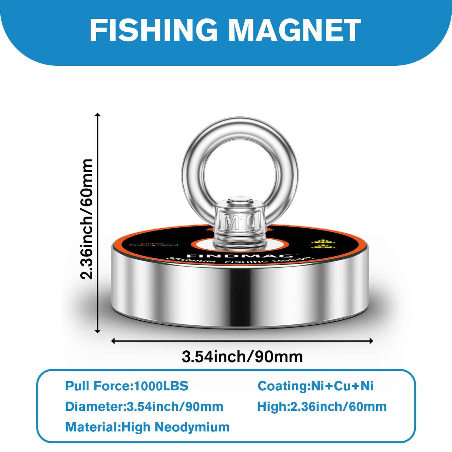 FINDMAG Magnet Fishing Kit, Heavy Duty Magnet for Magnet Fishing, 1000lbs Pulling Force, Including a 20 Meter Rope, a Carry Case, Gloves, a Grappling Hook, a Yellow Scraper, 3.54" Diameter