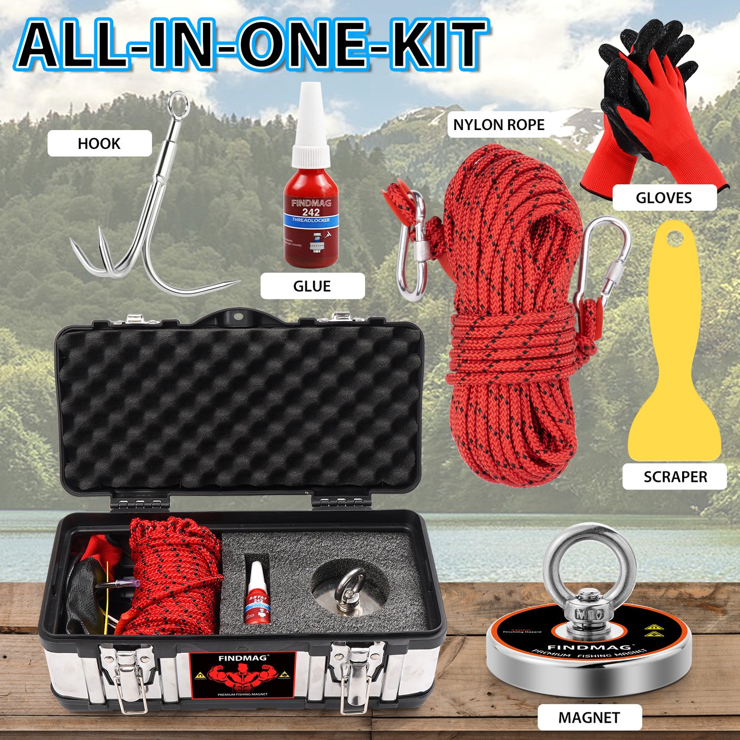FINDMAG Magnet Fishing Kit, Heavy Duty Magnet for Magnet Fishing, 1000lbs Pulling Force, Including a 20 Meter Rope, a Carry Case, Gloves, a Grappling Hook, a Yellow Scraper, 3.54" Diameter