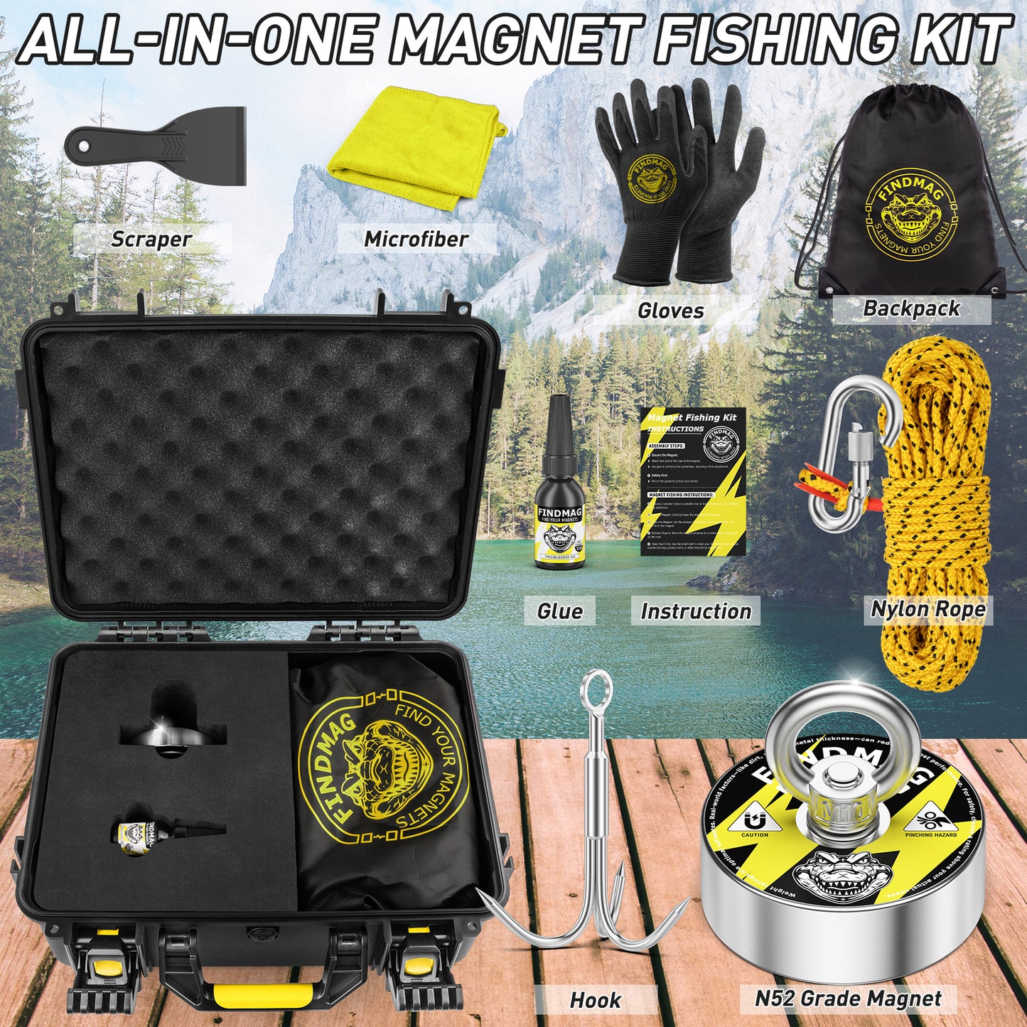 FINDMAG Magnet Fishing Kit, 1000 lbs Strong N52 Magnet for Fishing, Diameter 2.95inch(75mm), Fishing Magnet with Case, Gloves, 65ft Rope, Backpack, Scraper, 10 Piece Complete Set Fishing Magnet Kit