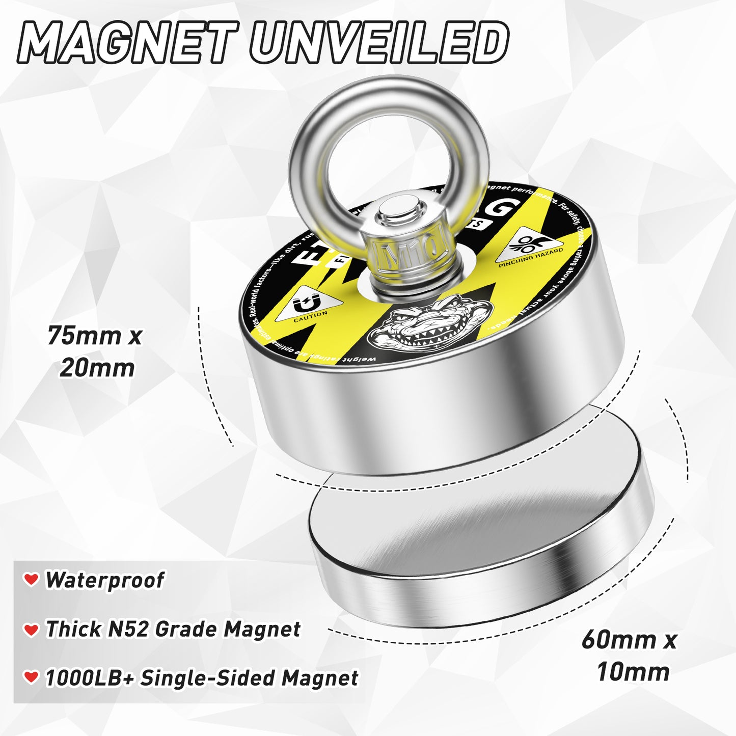 FINDMAG Magnet Fishing Kit, 1000 lbs Strong N52 Magnet for Fishing, Diameter 2.95inch(75mm), Fishing Magnet with Case, Gloves, 65ft Rope, Backpack, Scraper, 10 Piece Complete Set Fishing Magnet Kit