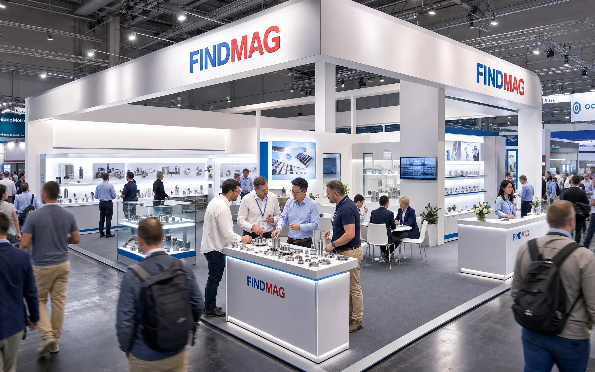 FINDMAG trade-show booth presenting magnetic products to international visitors