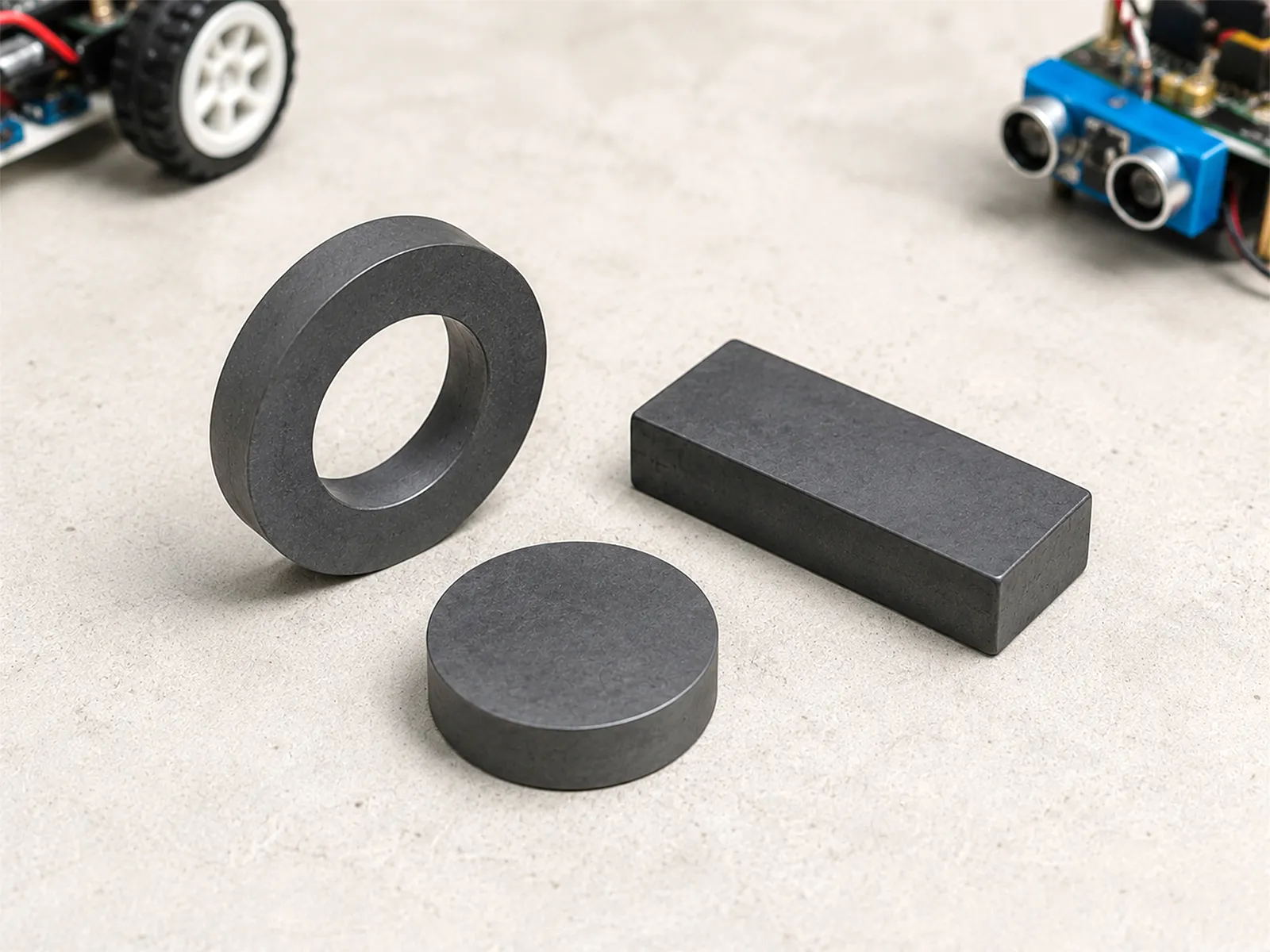 Ferrite ring, disc, and block magnets arranged on a light engineering workbench