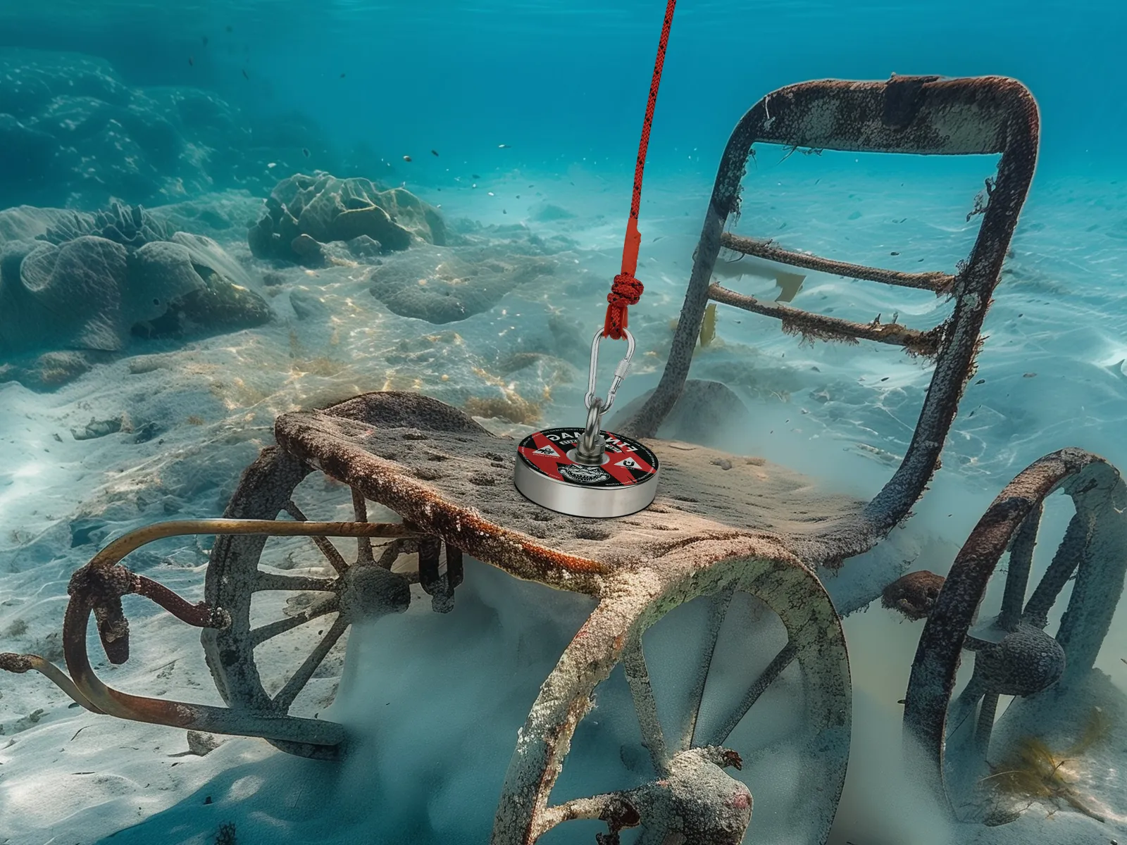 Fishing magnet attached to submerged metal during an underwater retrieval scene