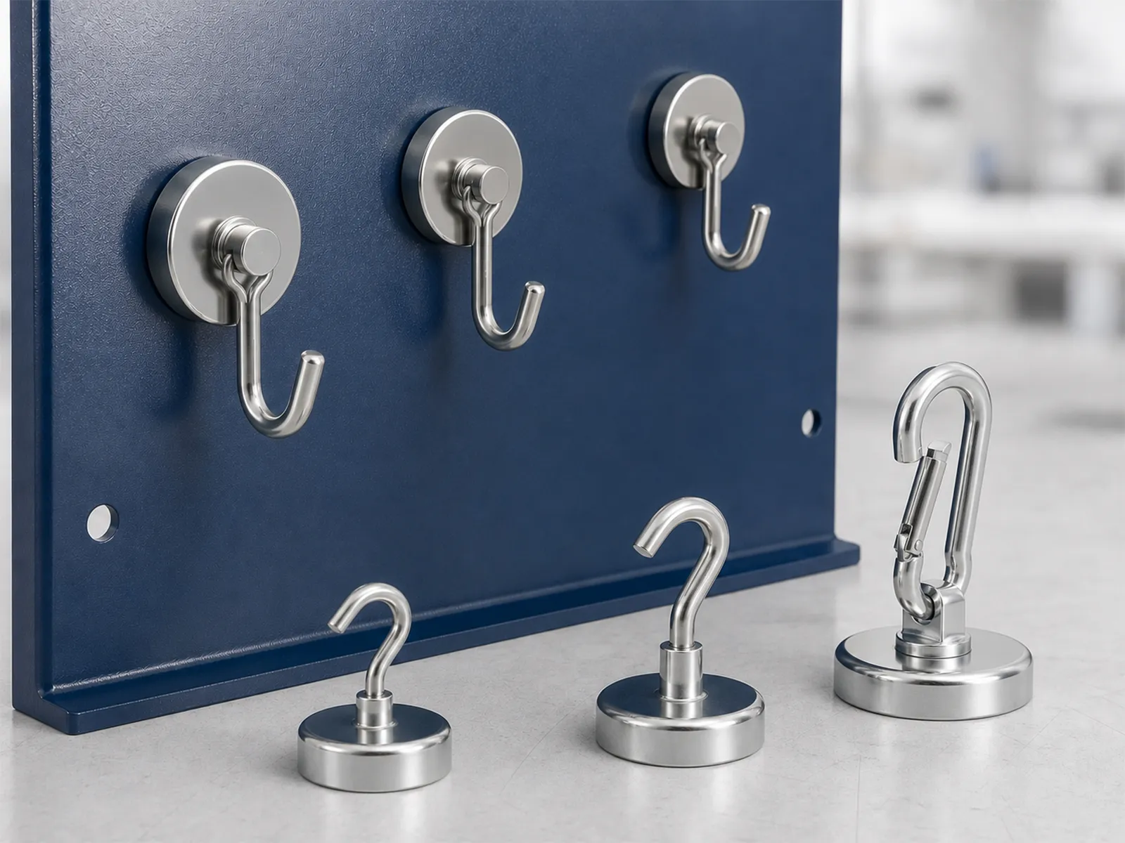 Standard, swivel, and carabiner magnetic hook formats displayed on and beside a steel panel