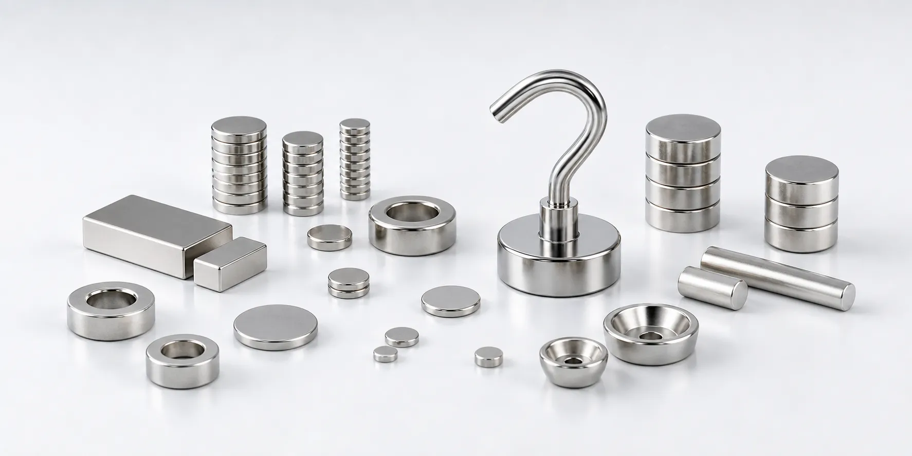 Illustrative neodymium magnet family with a prominent silver magnetic hook assembly