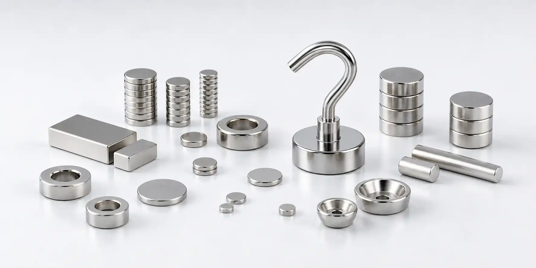 Illustrative neodymium magnet family with a prominent silver magnetic hook assembly