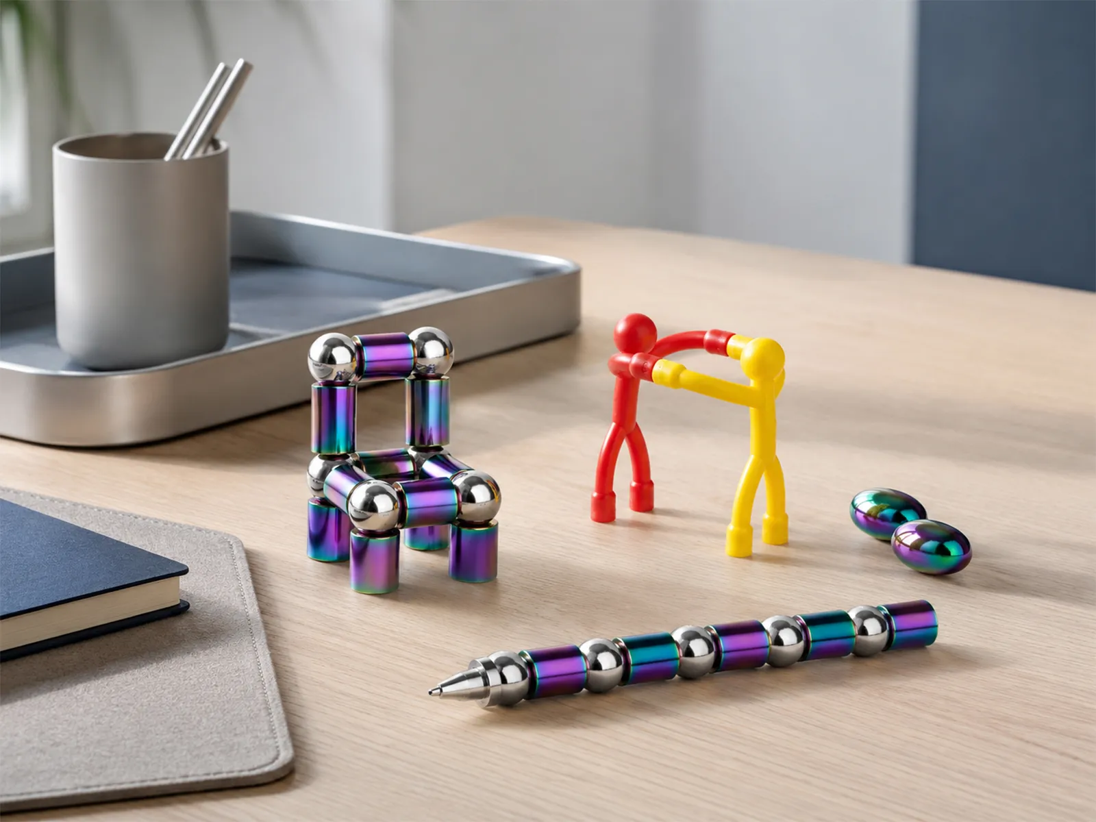 Magnetic fidget pen, people, stones, and egg-shaped products arranged on a desk