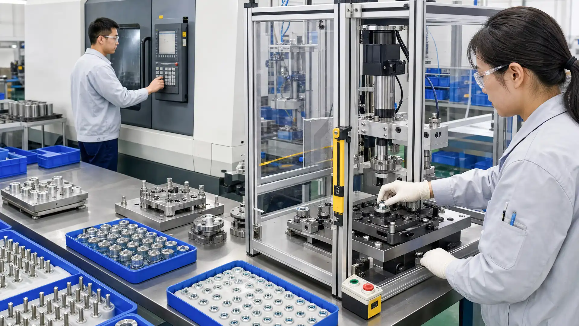 Technicians operating magnetic-component processing and assembly equipment