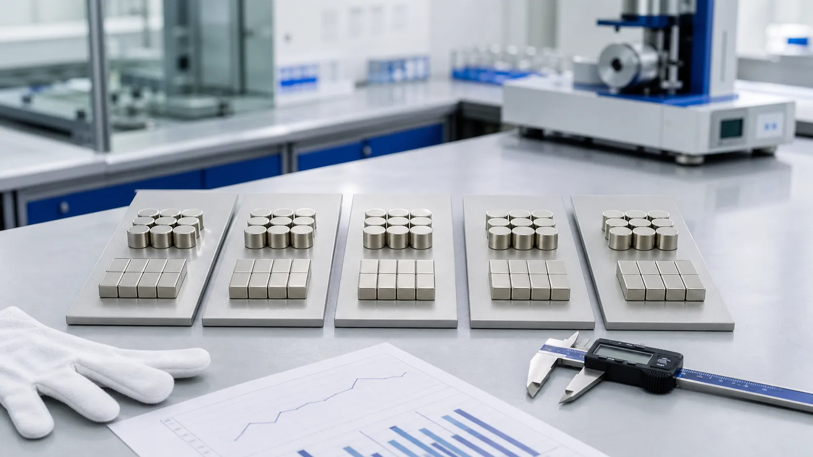Matching neodymium magnet sample sets arranged for controlled material-grade comparison in a quality laboratory