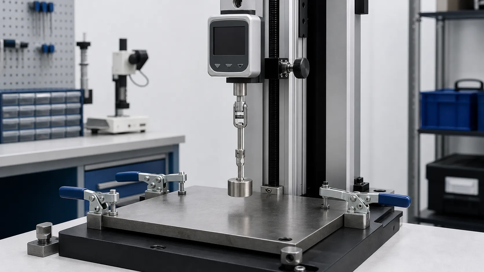 A vertical force gauge test stand pulling a small magnetic assembly perpendicular from a clamped flat steel plate