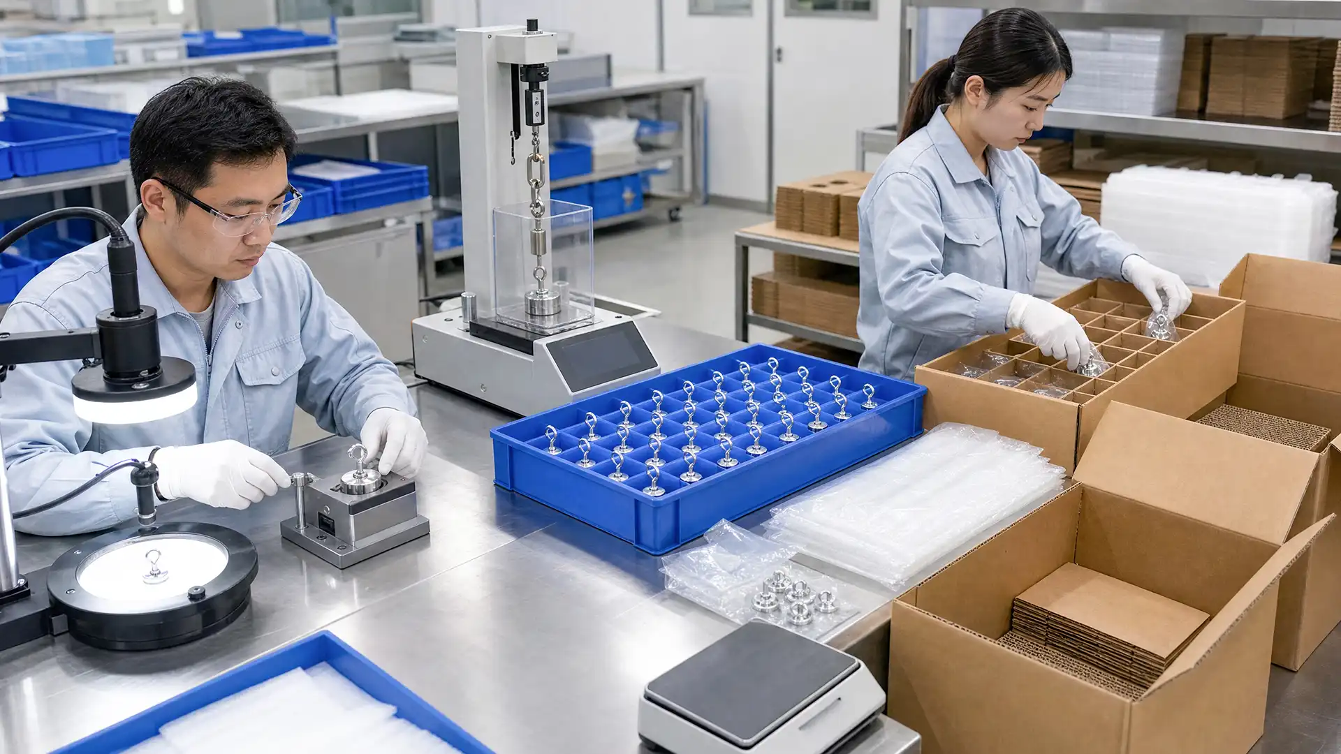Magnetic-hook pull-force inspection and protective export packing