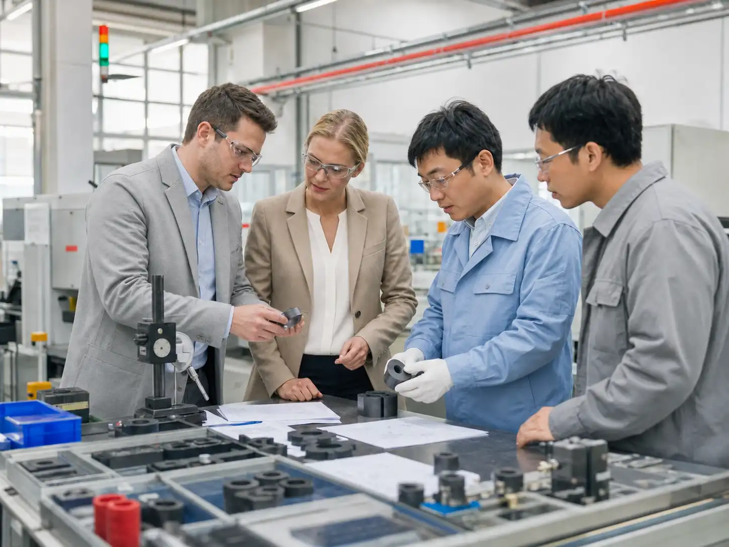 Illustrative international adult business visitors and Chinese technical staff reviewing a process in PPE