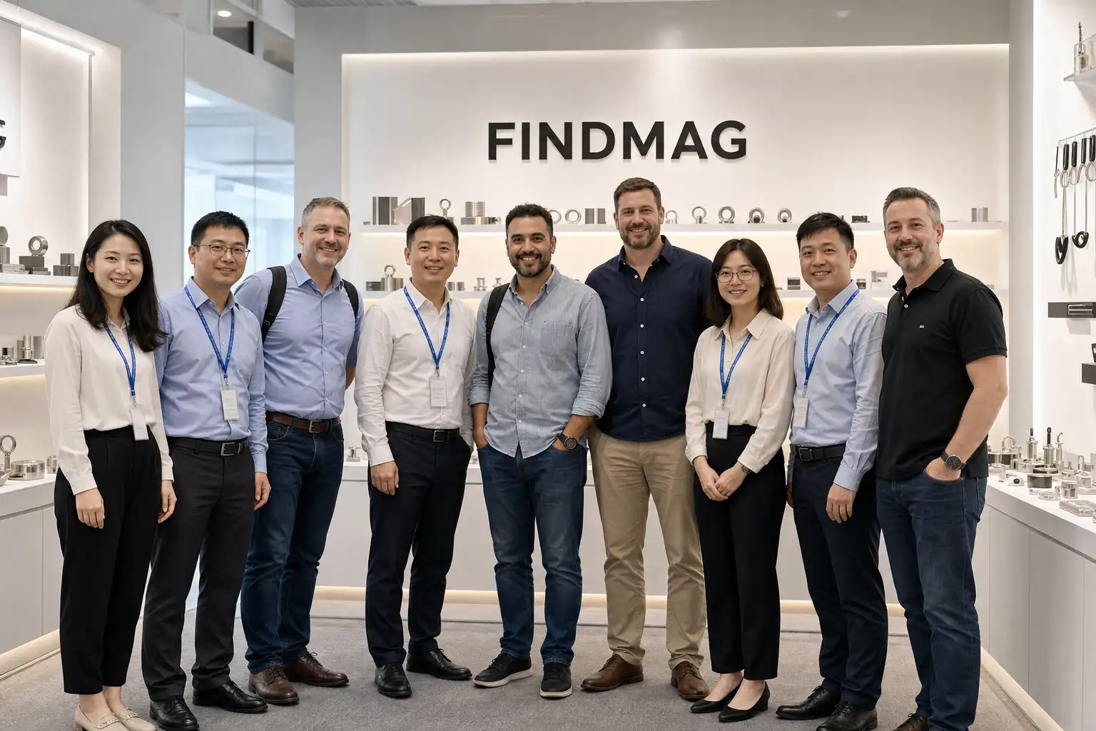 Illustrative FINDMAG staff and international business visitors in a magnetic-products showroom