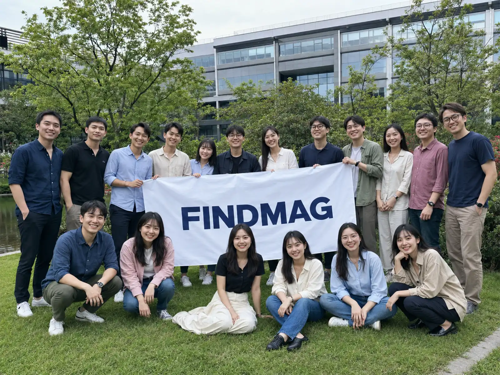FINDMAG team gathering outdoors with a FINDMAG banner