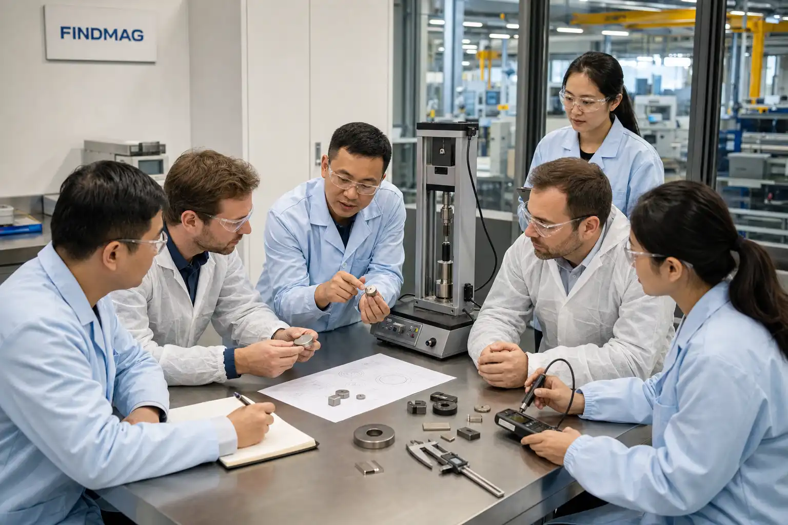 Illustrative adult procurement and engineering team reviewing magnet samples in a factory laboratory