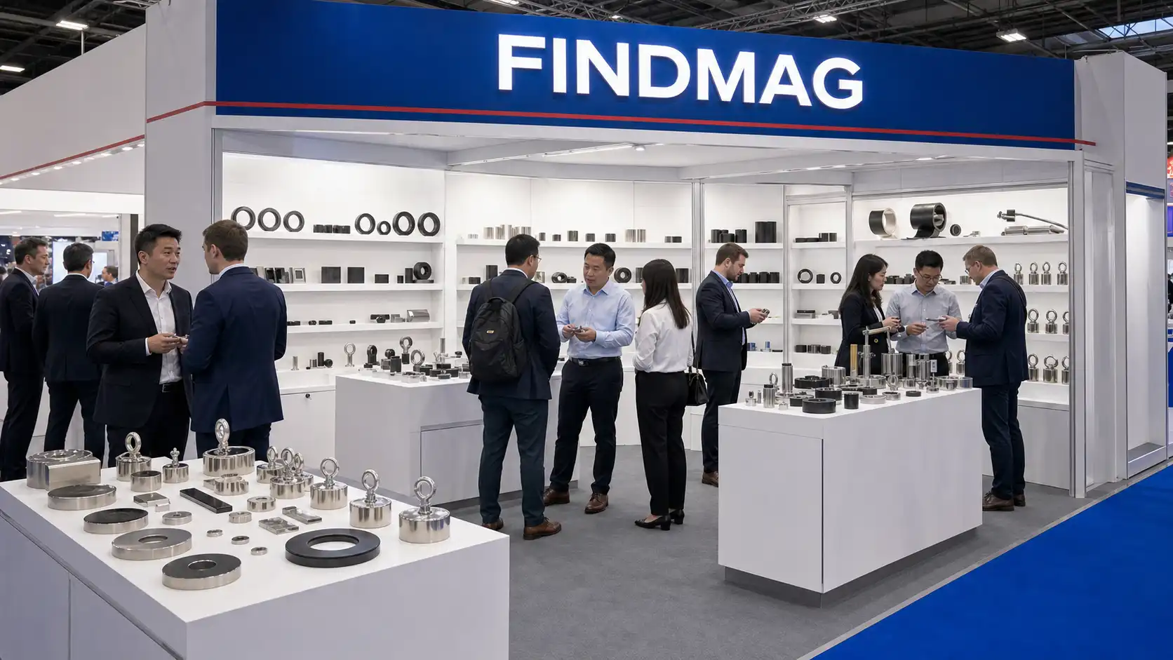 Illustrative FINDMAG-branded magnetic-products trade-show booth with adult international visitors