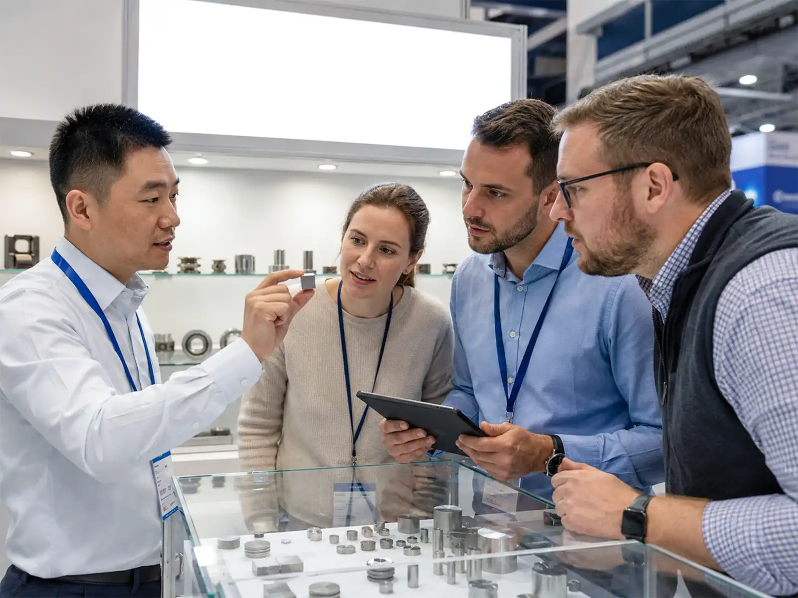 FINDMAG representative discussing a magnet sample with international visitors at a trade show