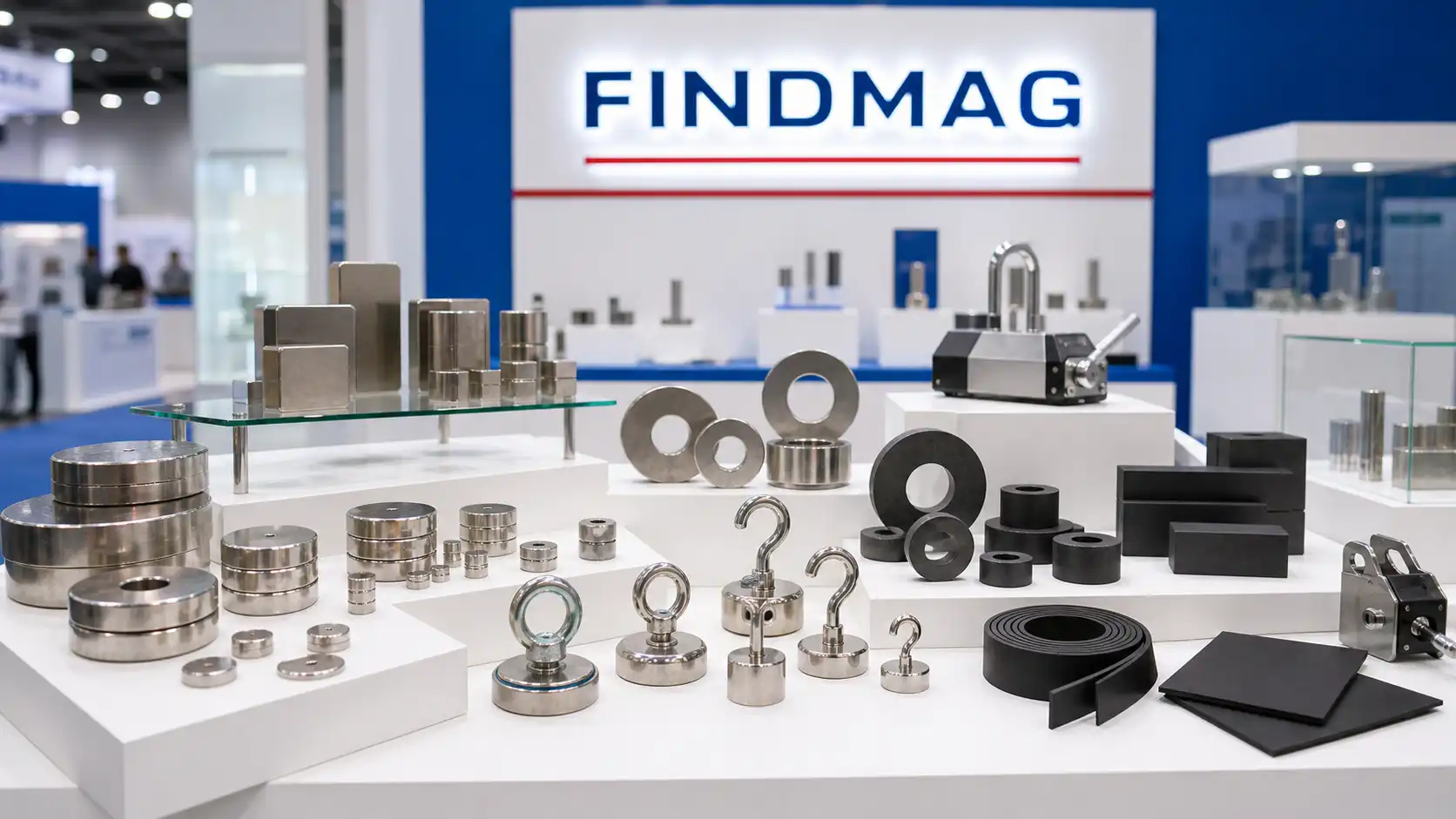 Illustrative FINDMAG trade-show display of neodymium, ferrite, hook, retrieval, and flexible magnets