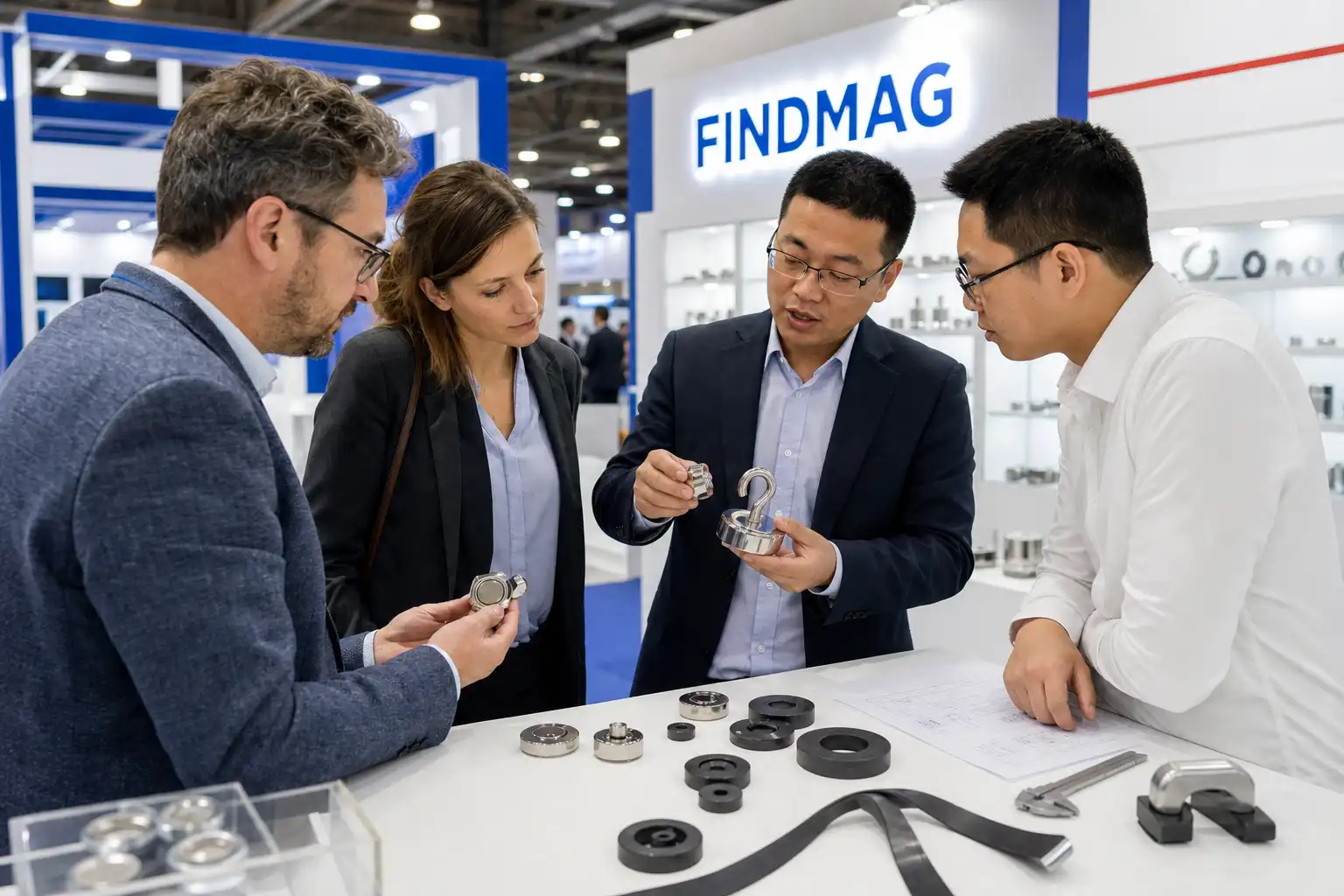 Illustrative technical product discussion beneath a FINDMAG booth sign
