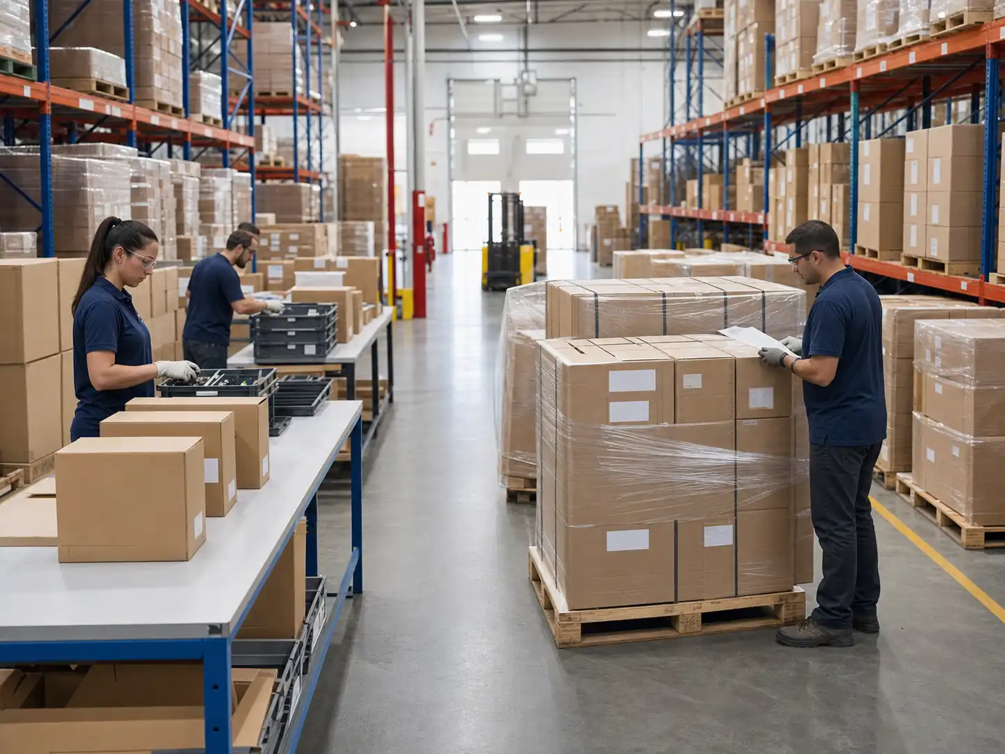 Illustrative organized industrial warehouse with anonymous cartons, racking, and pallets
