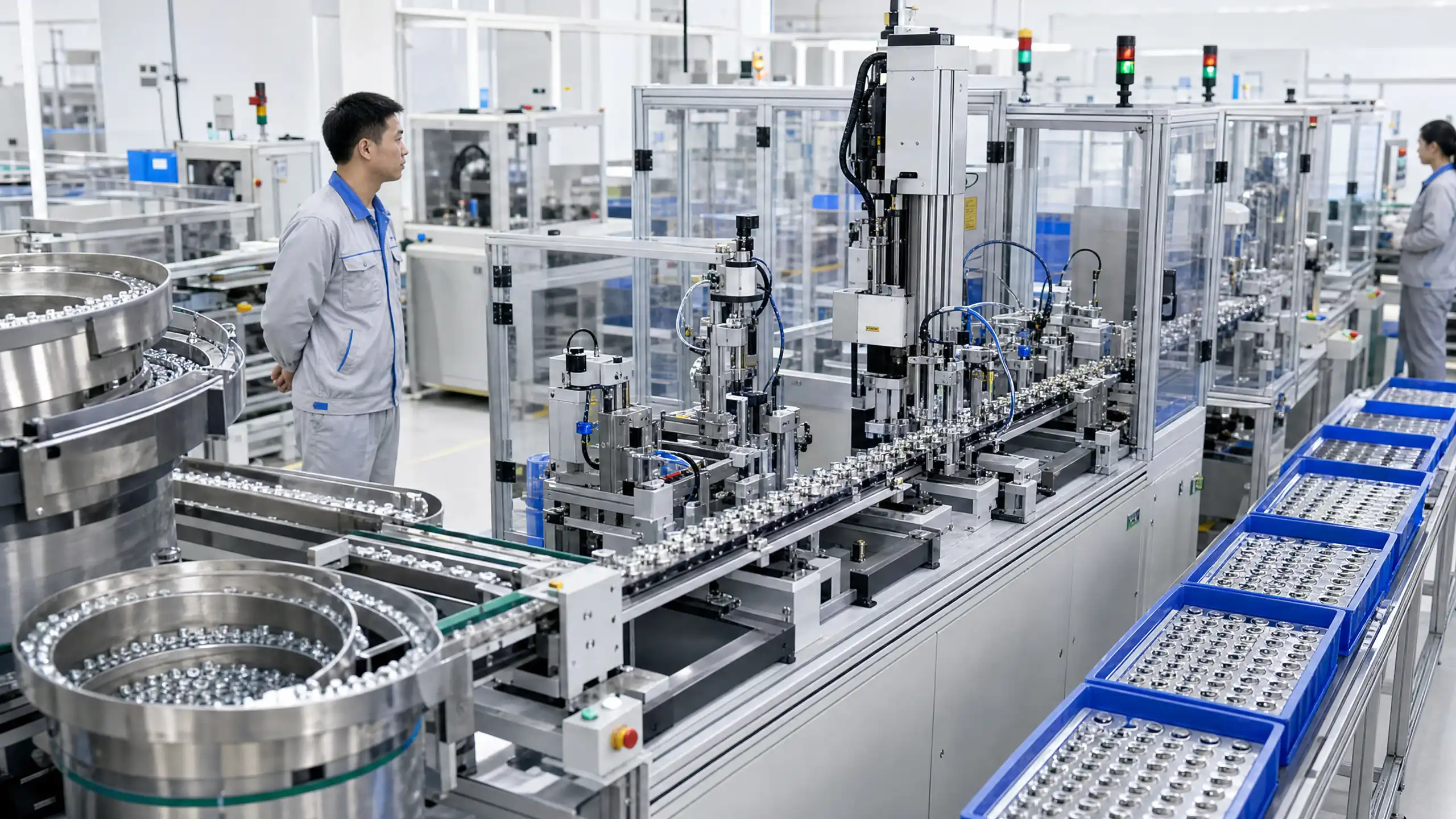 Automated magnetic-product production line with connected feeding, assembly, inspection, and sorting stations