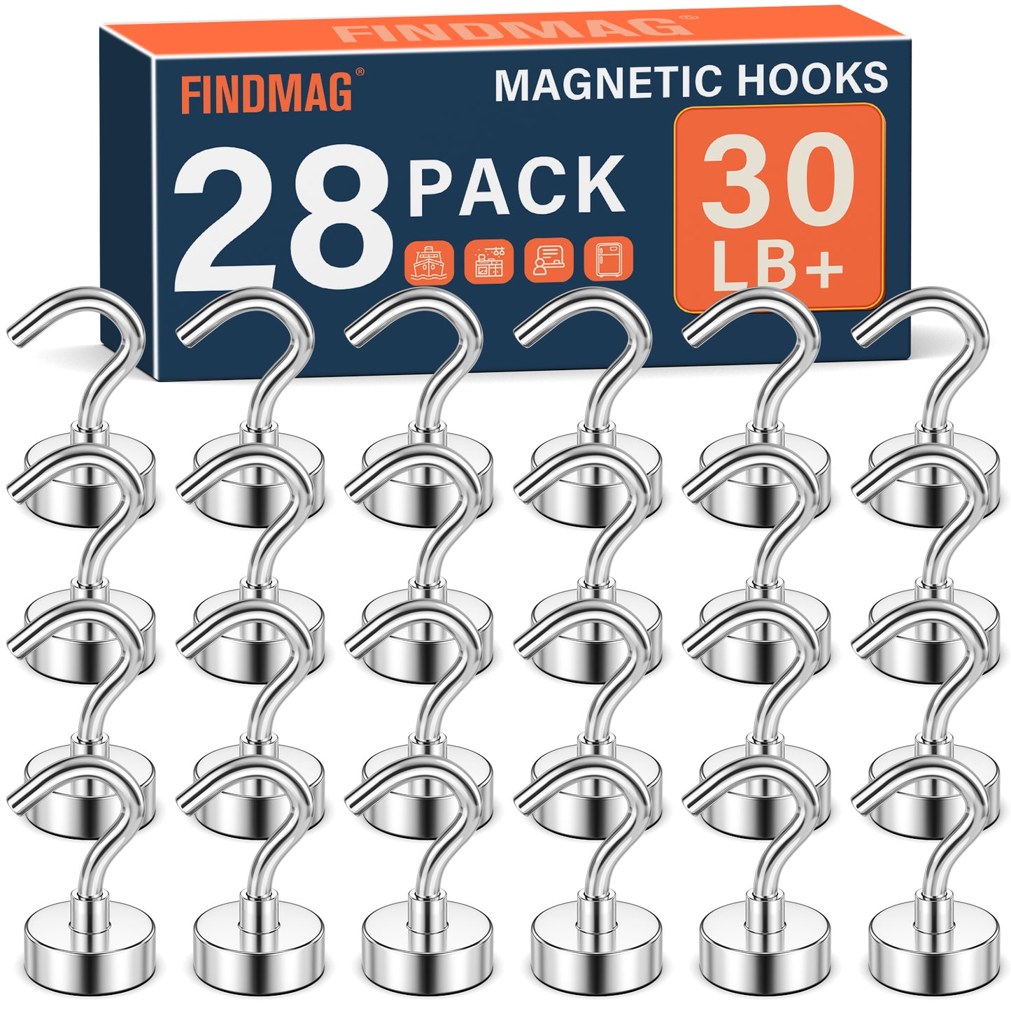 FINDMAG 28 Pack Magnetic Hooks, 30LB Strong Magnetic Hooks for Cruise Cabins, Heavy Duty Magnets with Hook for Cruise Essentials 2026, Hanging, Fridge, Locker, Door and Grill (Silver)
