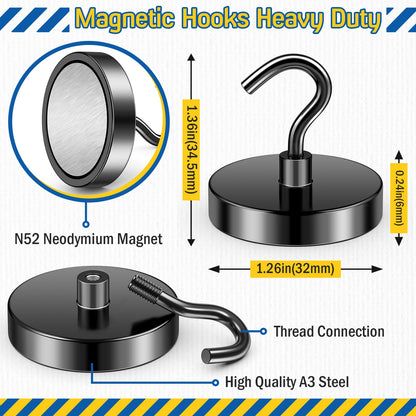 FINDMAG Black Magnetic Hooks, 130lbs Heavy Duty Magnetic Hooks for Hanging, Extra Strong Magnet Hooks, N52 Magnet Hooks for Cruise Cabins, Travel, 6 Pack